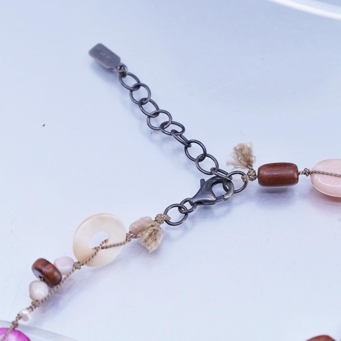 20+2", VTG Peyote Bird Sterling 925 silver handmade pearl wood bead necklace