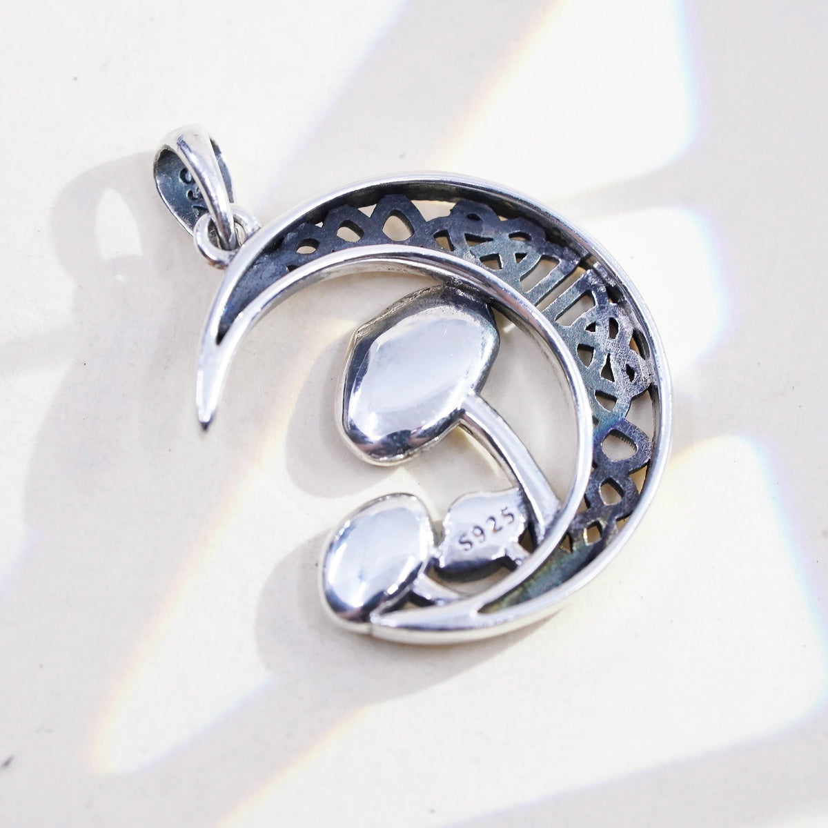 VINTAGE Sterling Silver Crescent Moon Mushroom Pendant, 925 Celtic Moon Charm