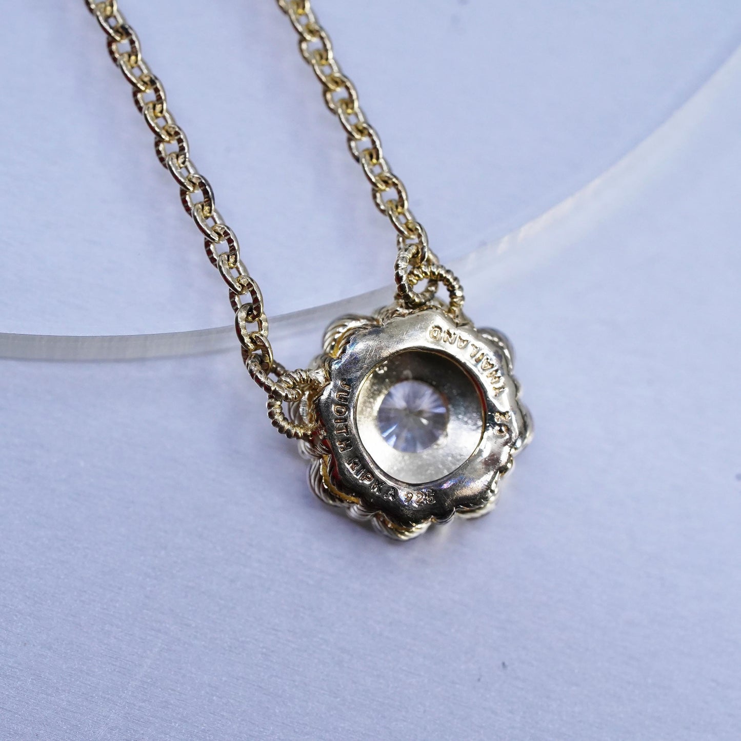 18+2", vintage Judith Ripka gold Sterling 925 silver necklace floral cz pendant
