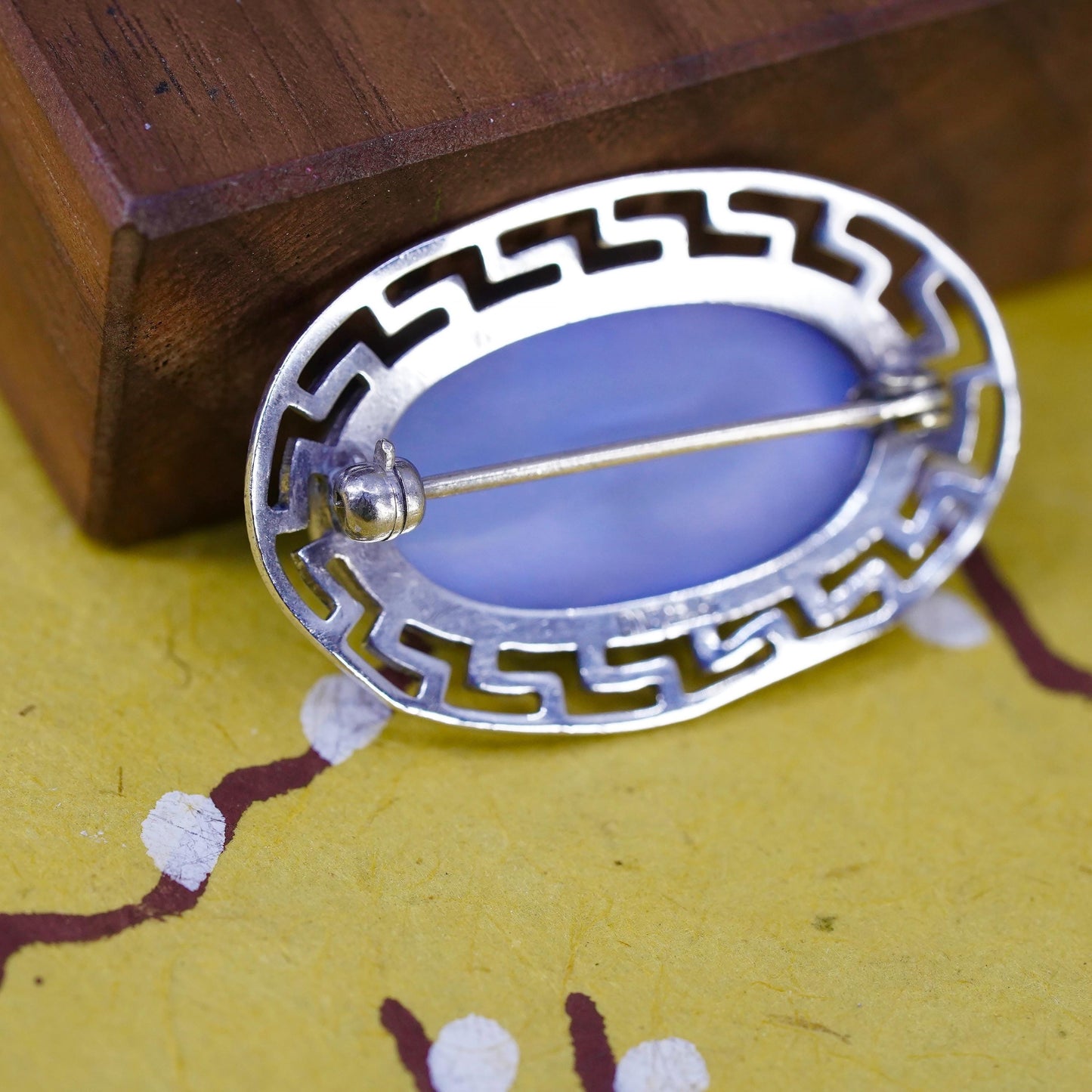 VTG Sterling 925 silver Blue Glass Cabochon Brooch, Frame, Art Deco Style Pin