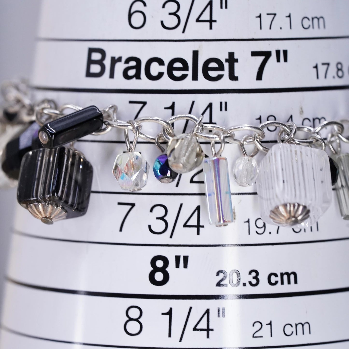 7.25", VTG sterling silver 925 oval chain bracelet cluster black white crystal