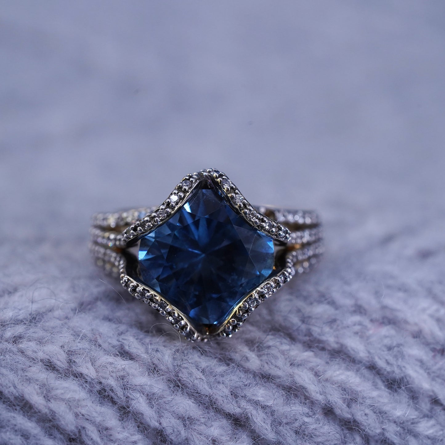 Size 7, vermeil gold over sterling 925 silver ring with topaz and cluster cz