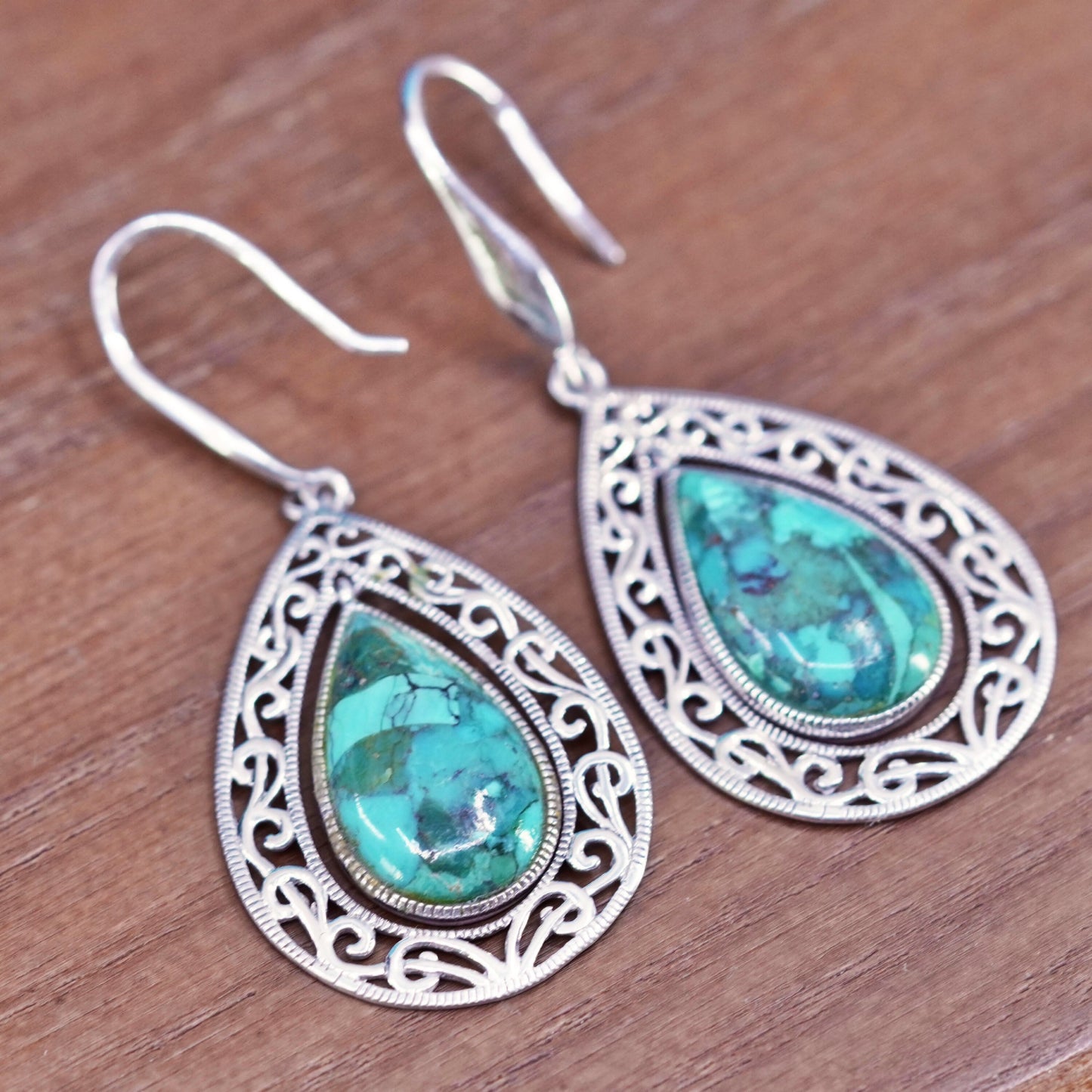 southwestern Sterling 925 silver filigree teardrop earrings with turquoise