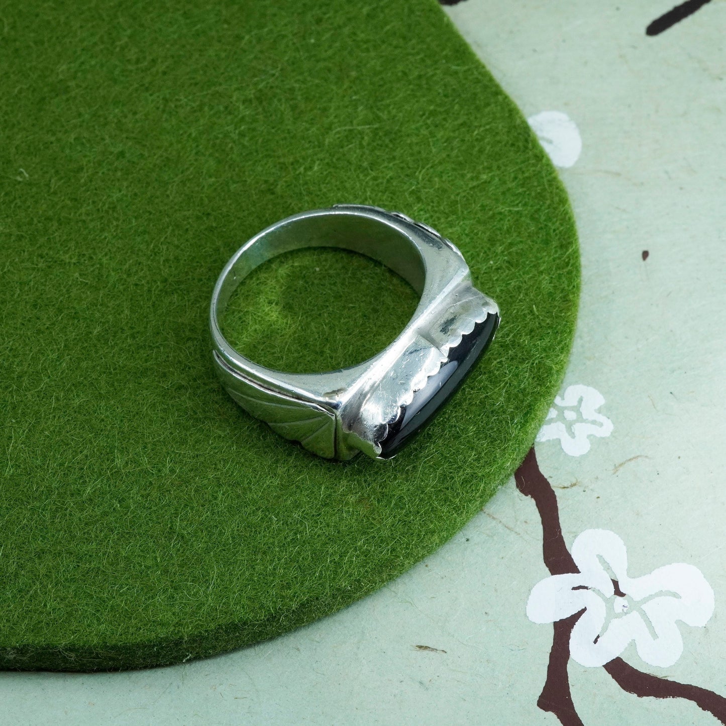 Size 13, Native American sterling silver ring, 925 band with onyx, Southwestern