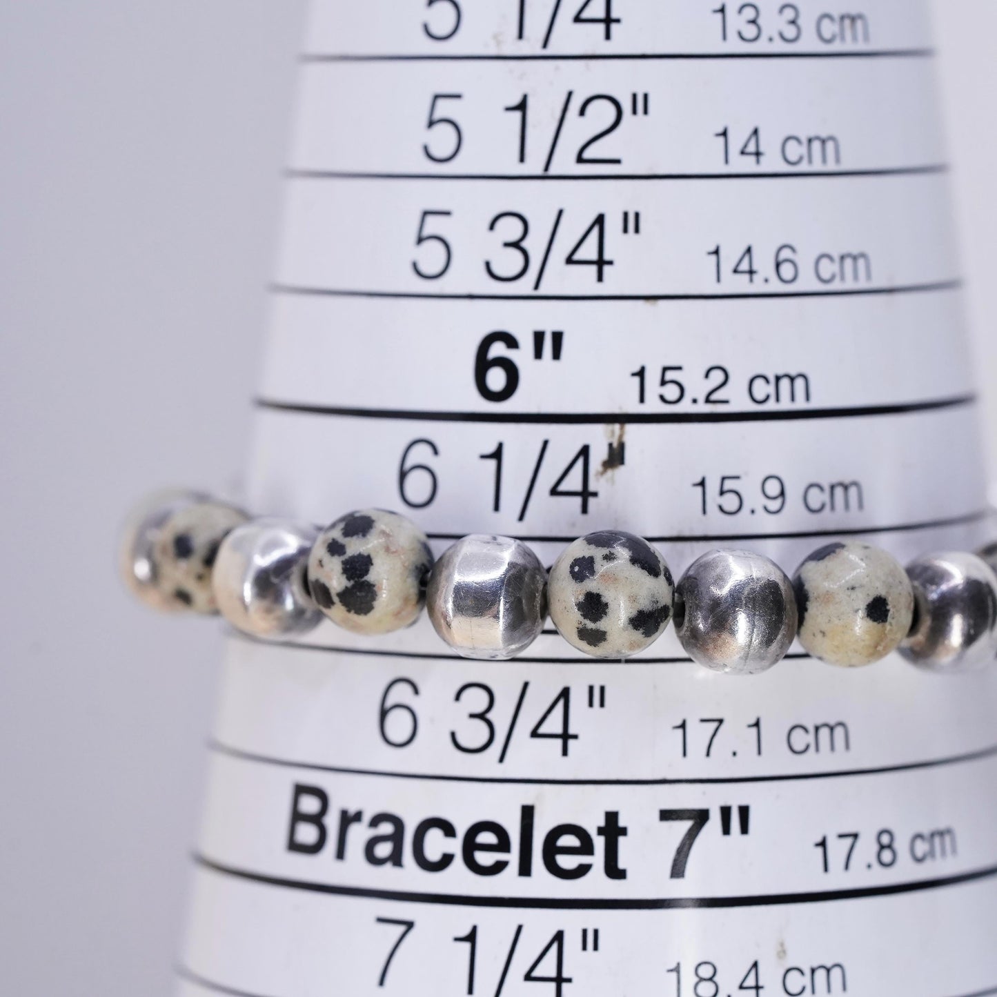 6.5”, Sterling Silver 925 Dalmatian Jasper Bead Bracelet, Spotted Jasper Beaded