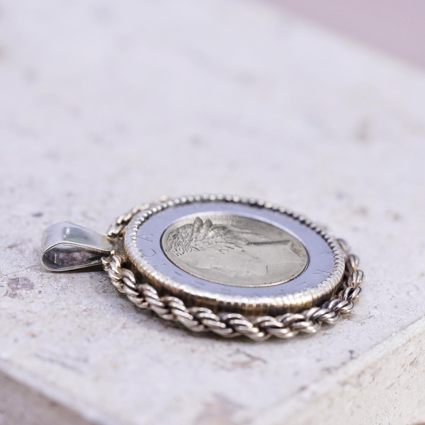 Italian 500 Lire Coin Charm Pendant sterling silver 925 case gold rope chain