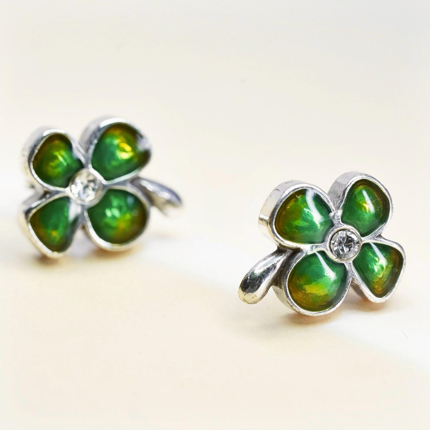 Vintage Sterling silver handmade earrings, 925 enamel lucky clover studs w/ cz