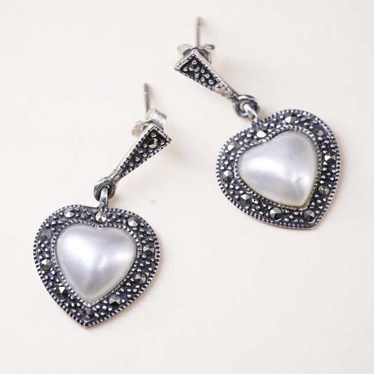 Vintage Sterling silver handmade earrings, 925 heart with pearl and marcasite