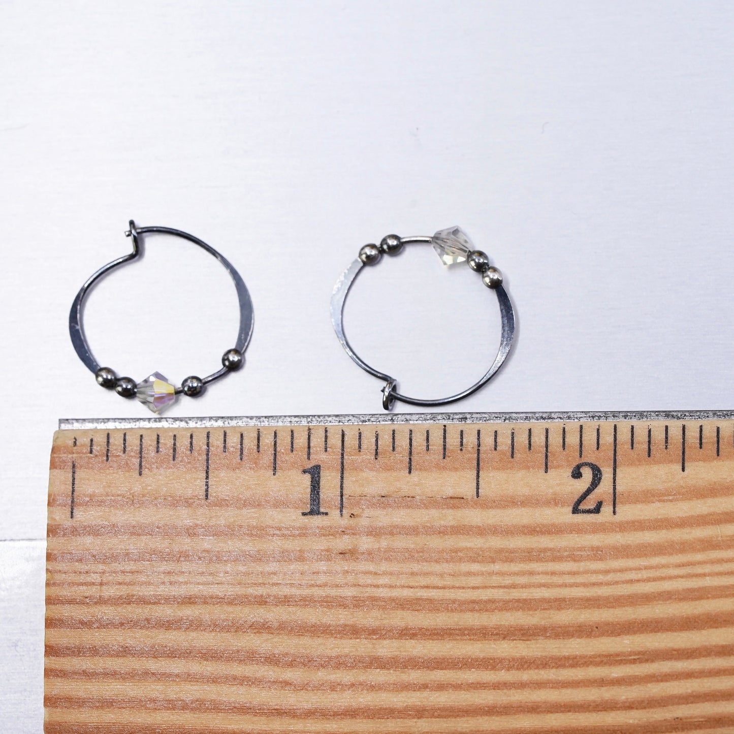 0.75", vintage Sterling silver handmade earrings, 925 hoops, huggie w/ crystal