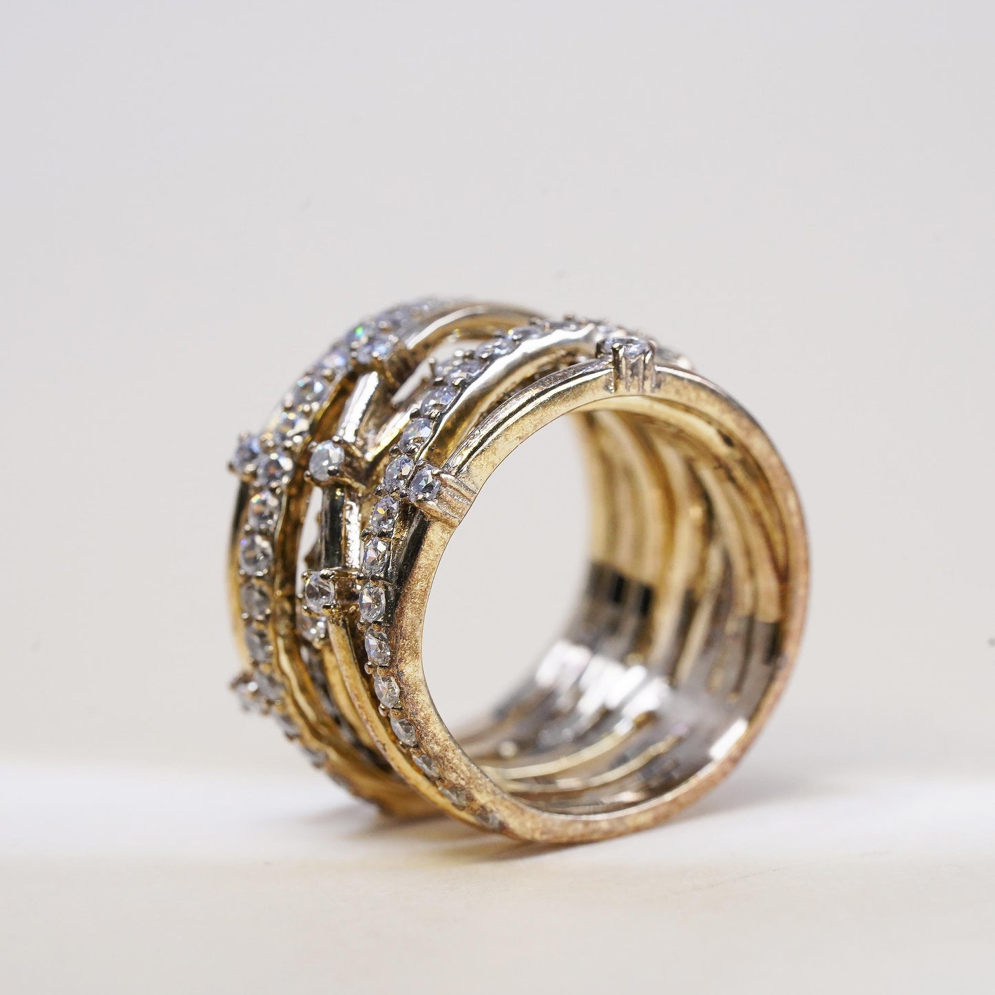 Size 6, VTG gold vermeil Sterling 925 silver entwined wide ring cluster Cz
