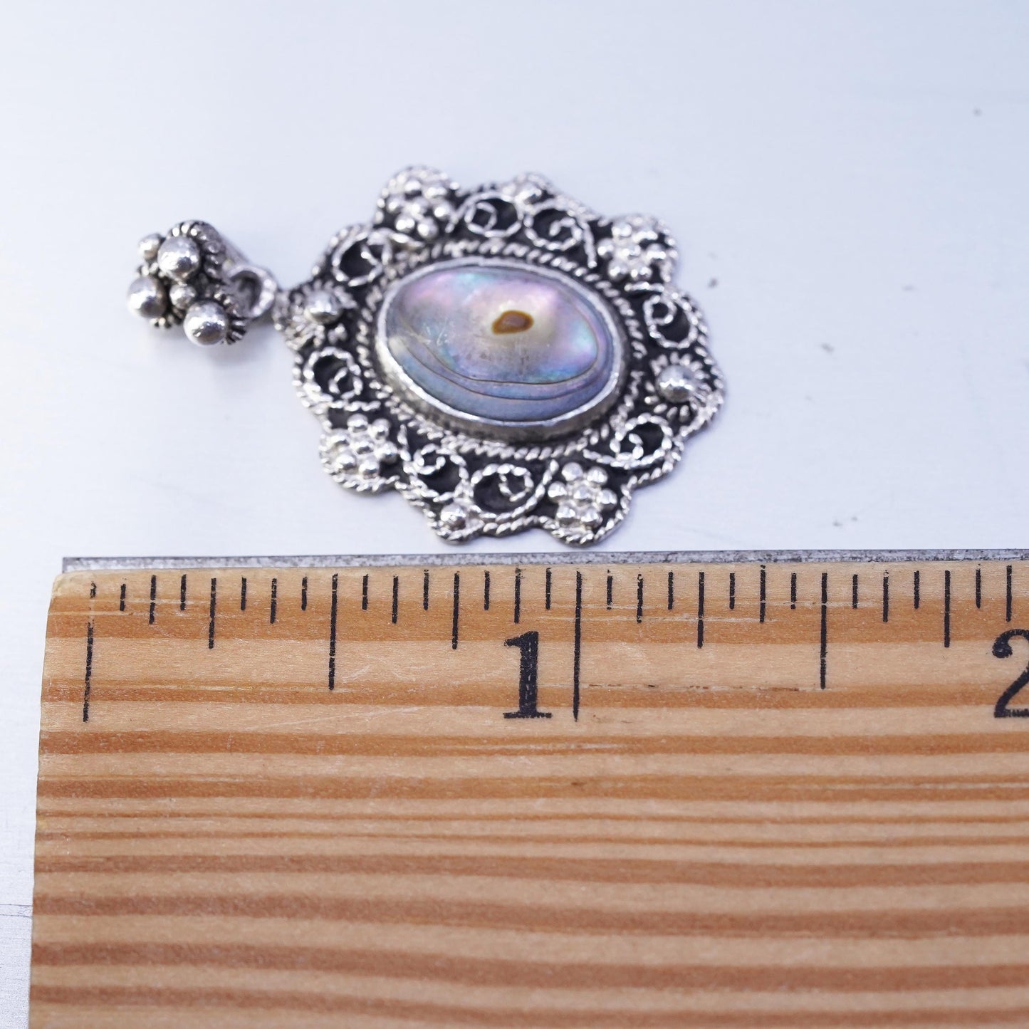 Vintage Sterling 925 silver handmade oval pendant with abalone inlay