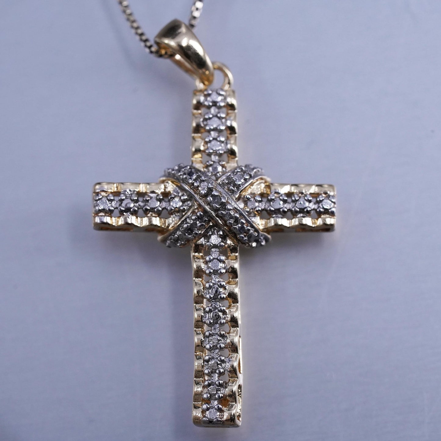 18”, vermeil gold over sterling 925 silver box necklace cross pendant diamond