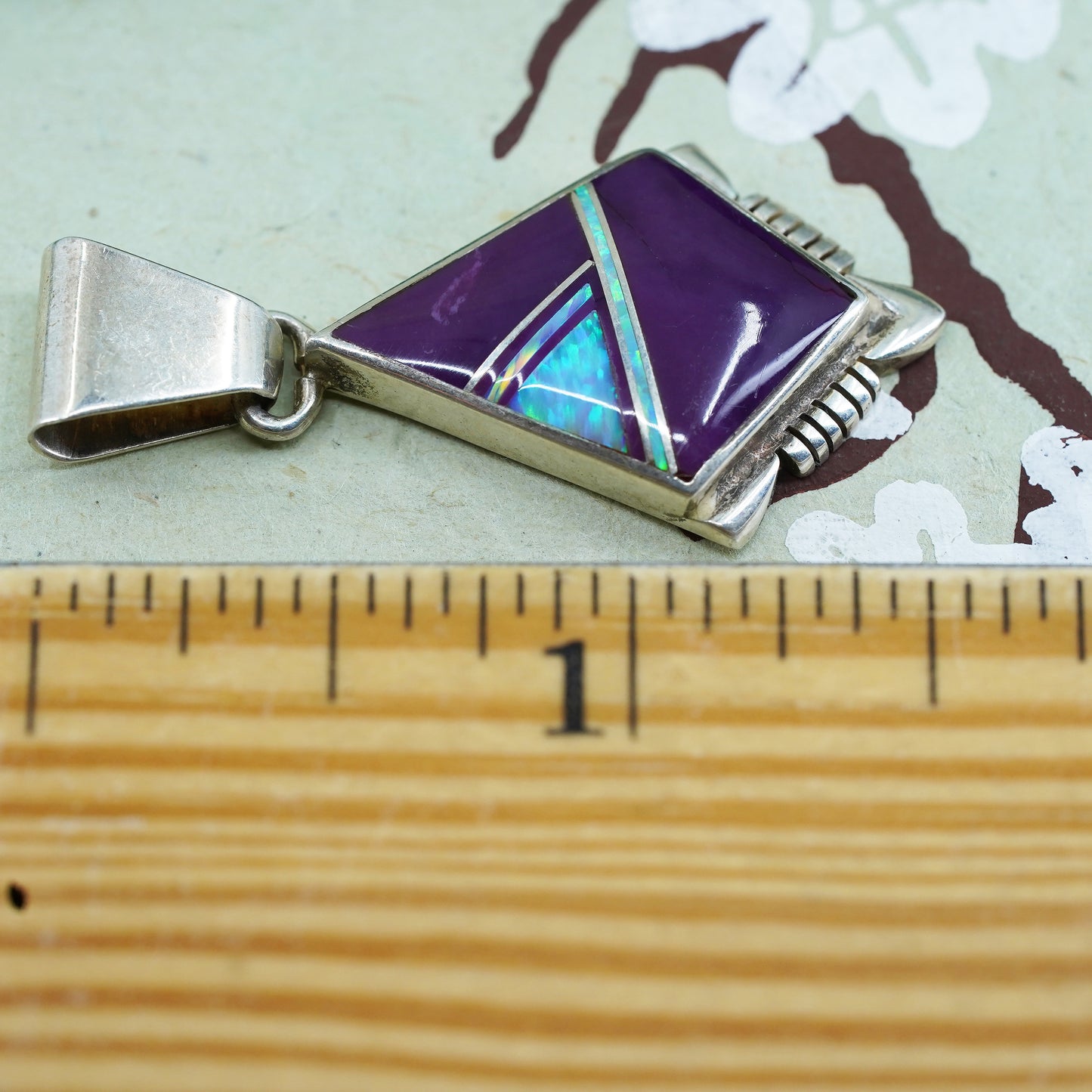 Native American zuni Sterling silver pendant, 925 teardrop w/ opal purple onyx
