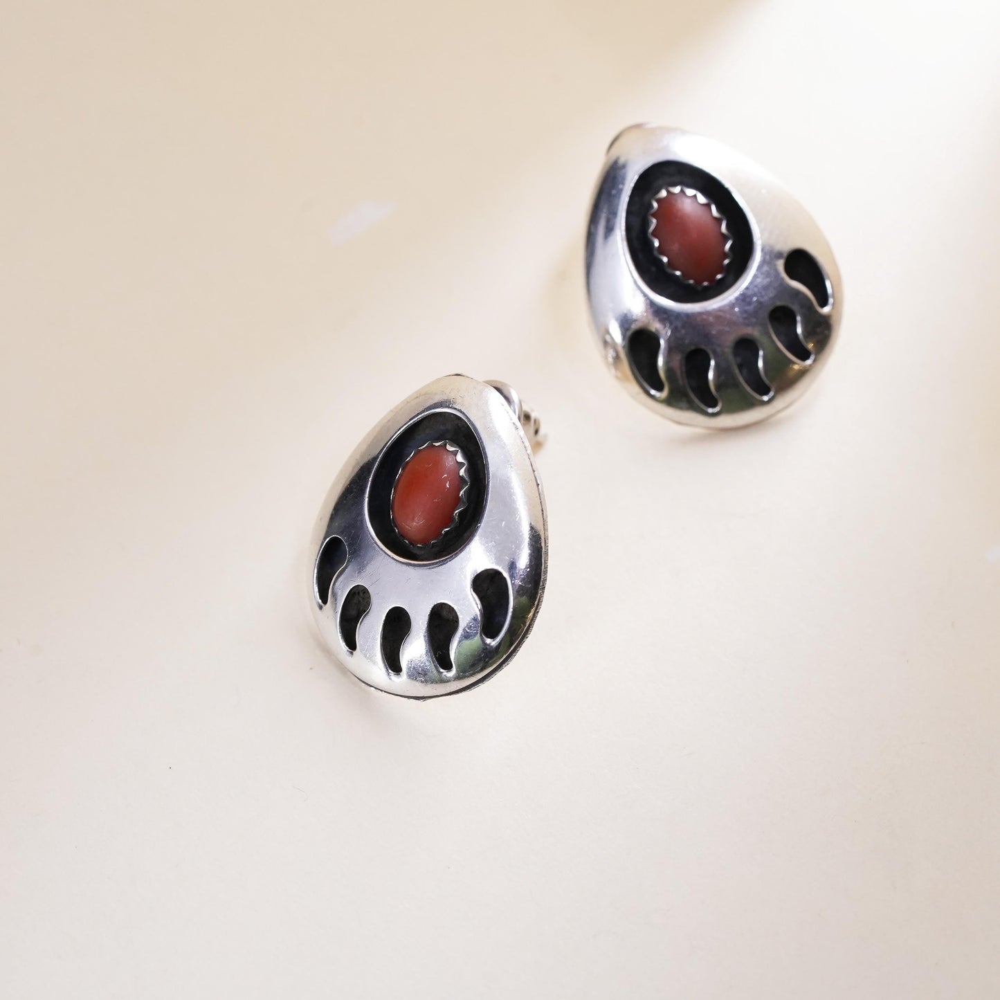 Southwestern sterling silver handmade earrings, bear paw 925 studs with coral