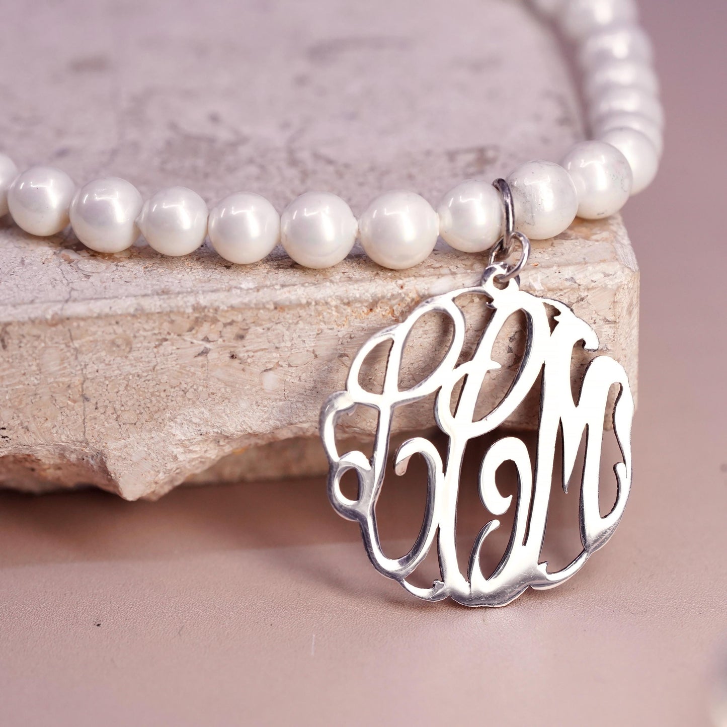 7.75", Sterling silver handmade bracelet, 925 monogram LMC charm pearl beads