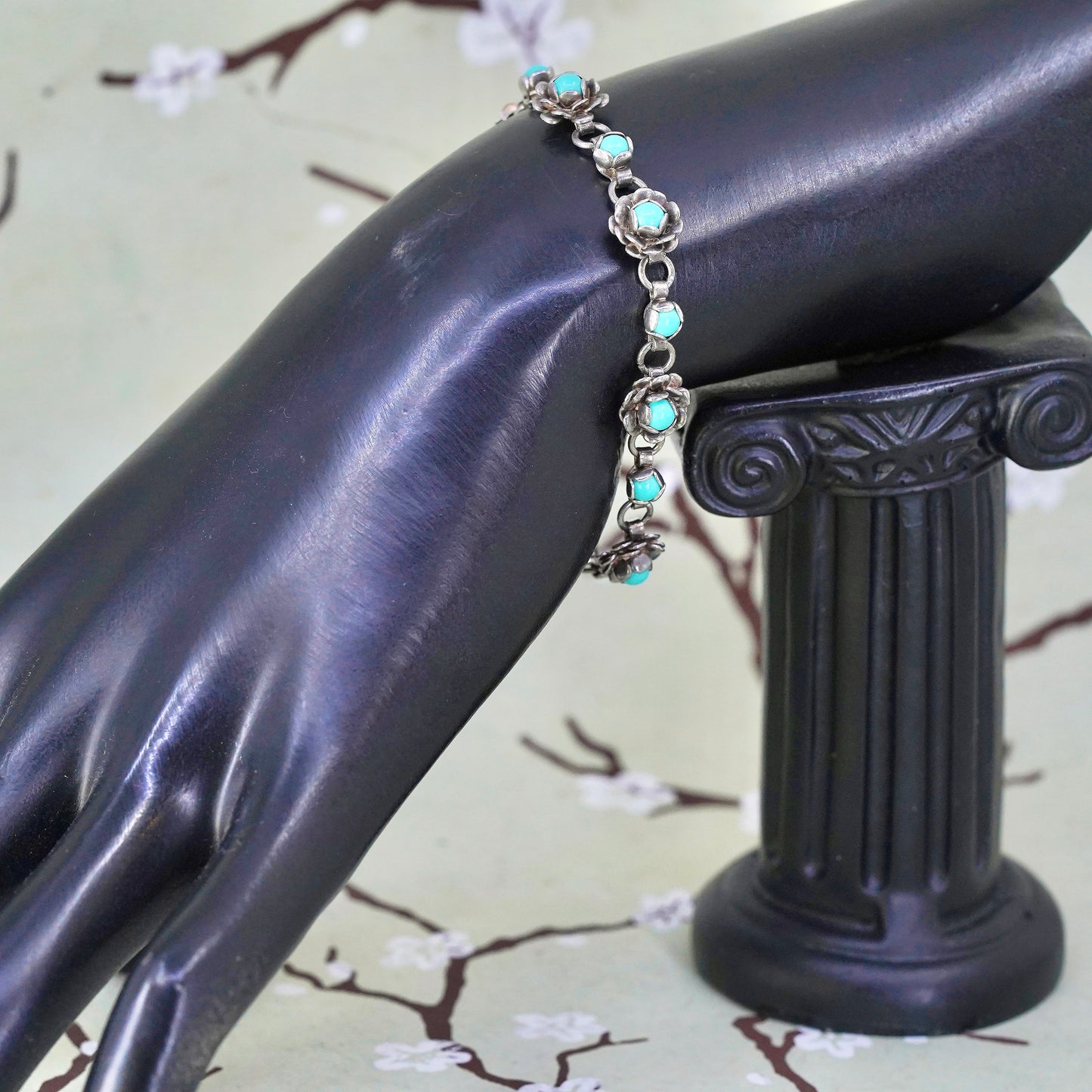 6.25", Sterling silver handmade bracelet, Mexico 925 flower with turquoise