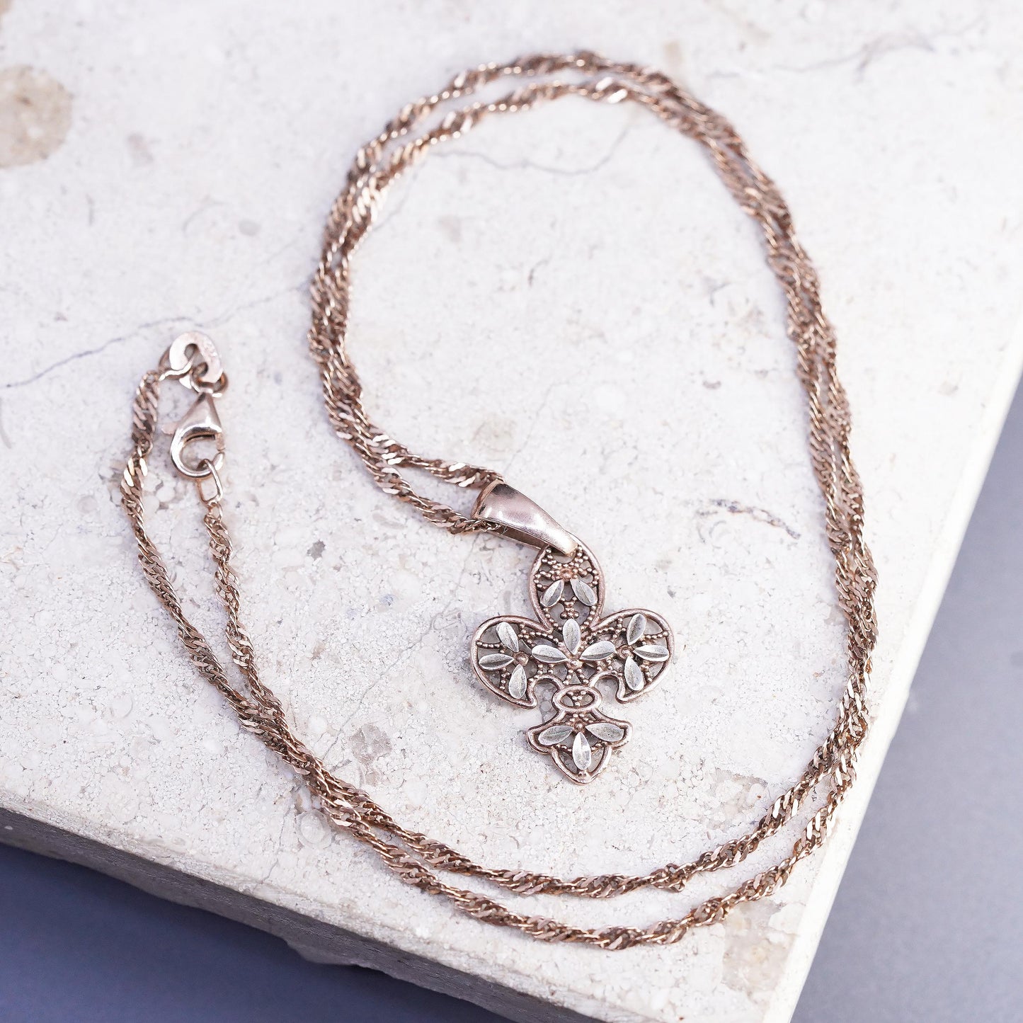 18" rose gold Sterling Silver Fleur de Lis Necklace 925 Floral Filigree pendant