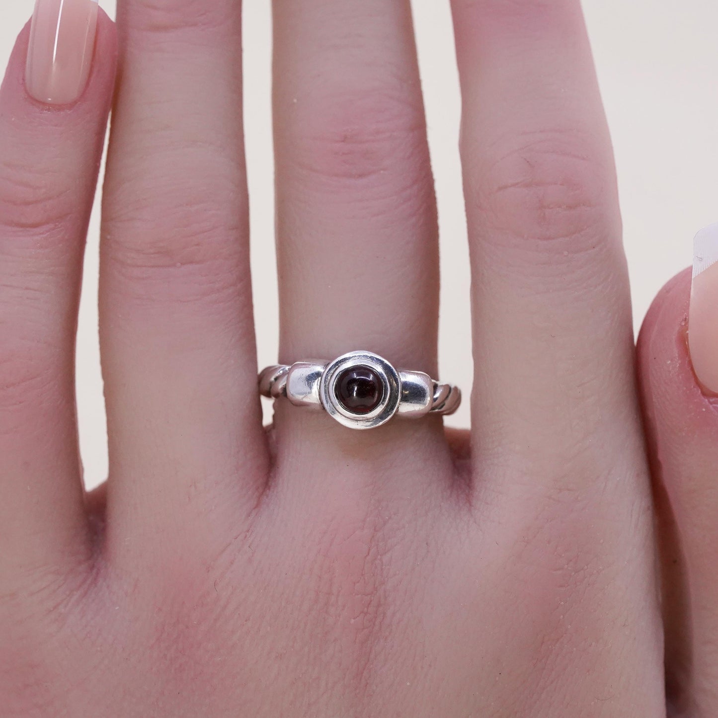 Size 7.75, Vintage sterling 925 silver handmade ring with round garnet