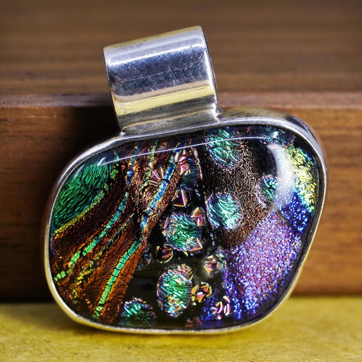 Dichroic Art Glass Sterling Silver 925 Pendant Rainbow Iridescent Fused Jewelry