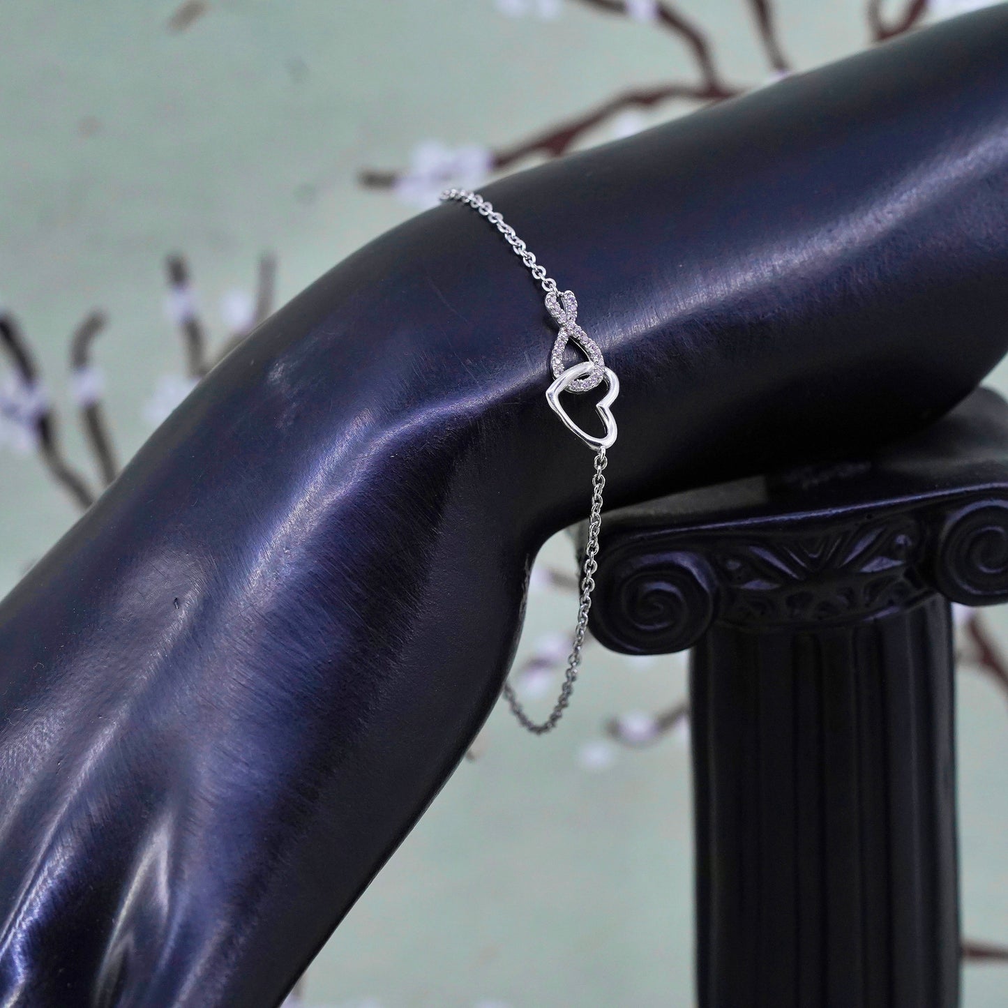 6.75+1”, Vintage sterling silver bracelet, 925 circle chain with heart charm cz
