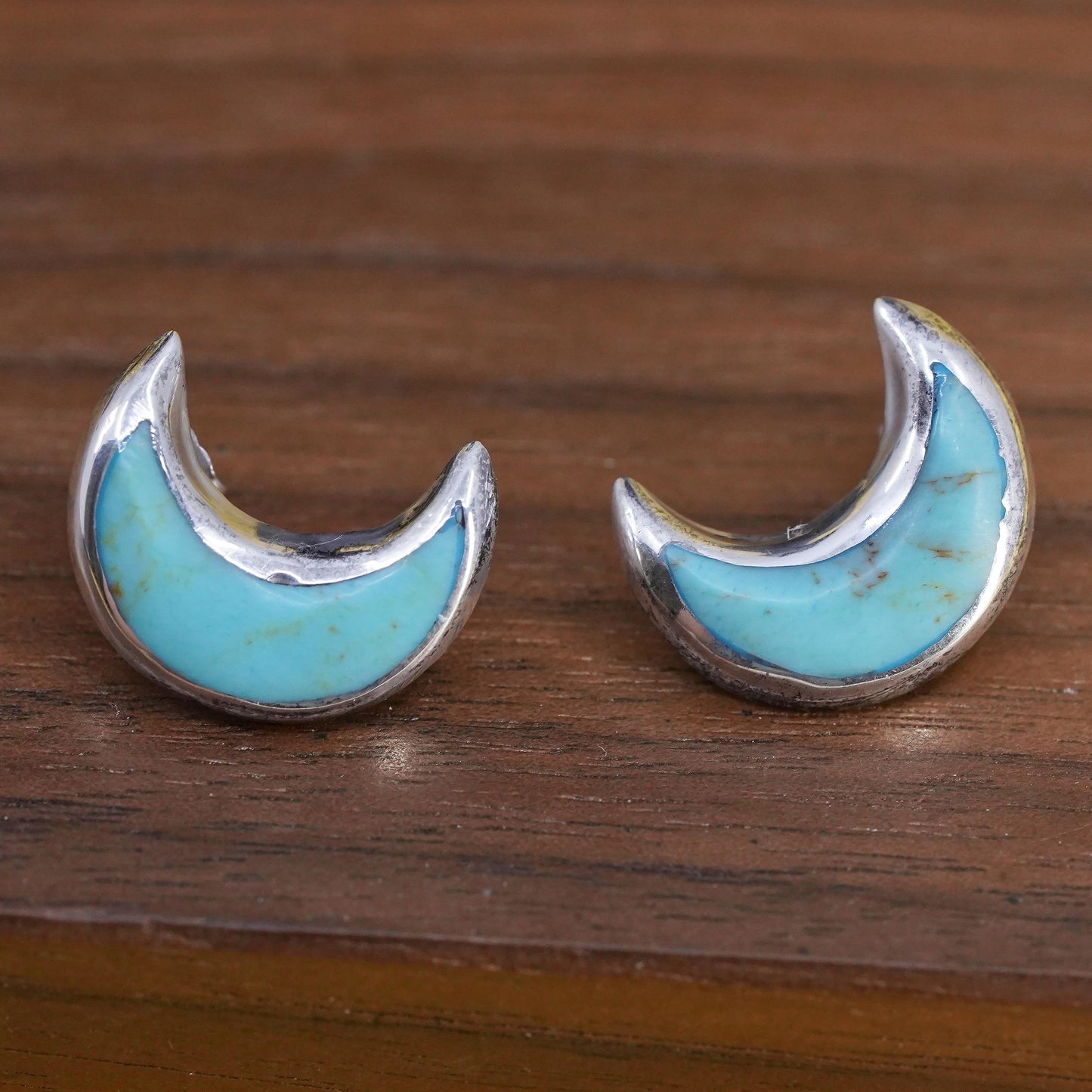 vintage Sterling 925 silver handmade studs, moon earrings with turquoise inlay