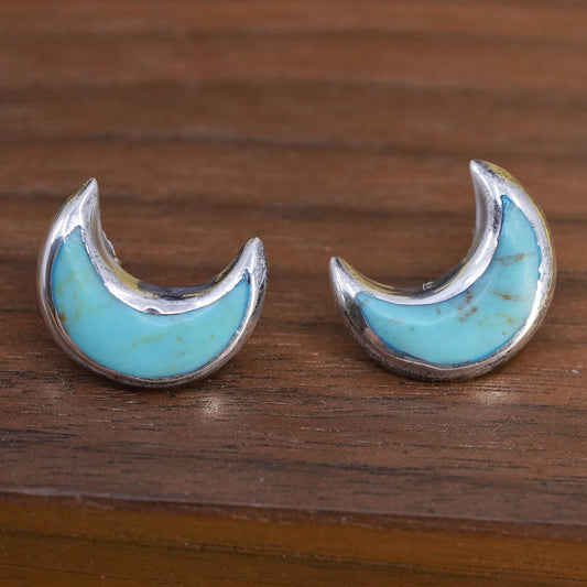 vintage Sterling 925 silver handmade studs, moon earrings with turquoise inlay