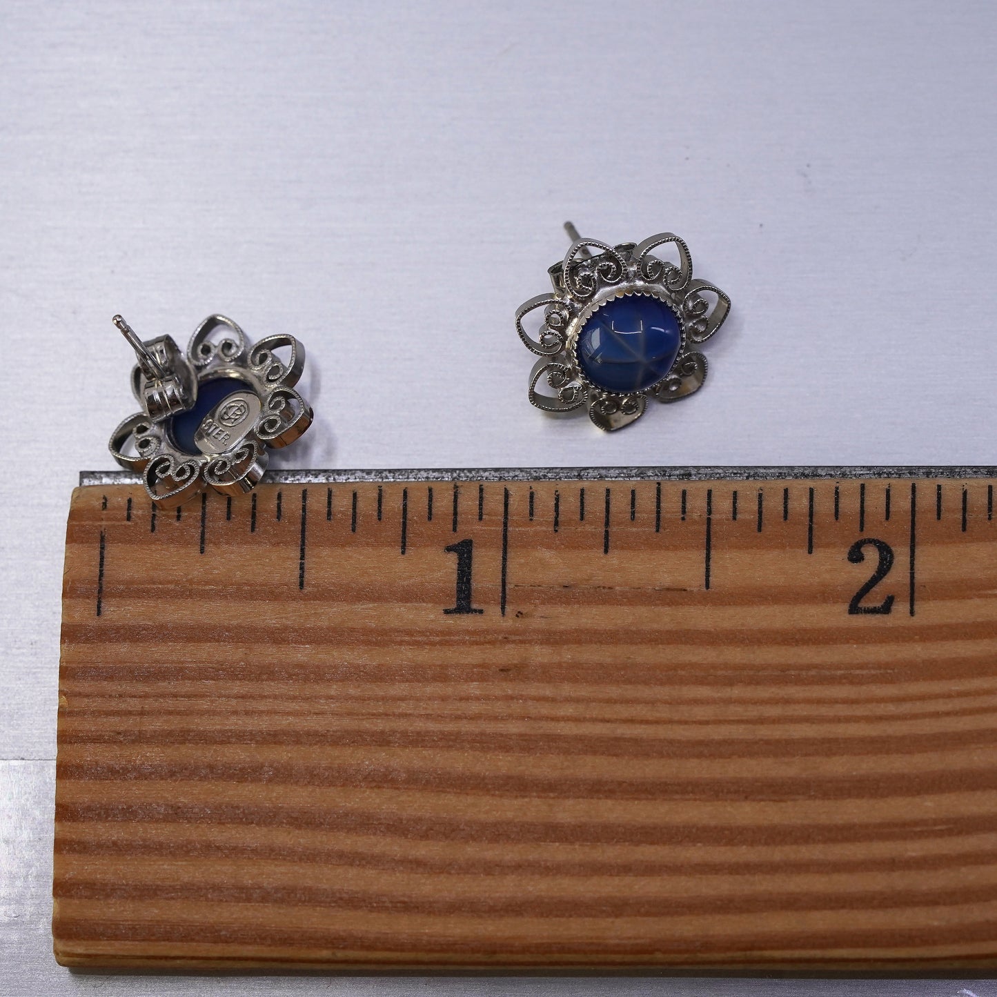 Vintage Sterling silver handmade earrings, 925 filigree studs w/ star sapphire