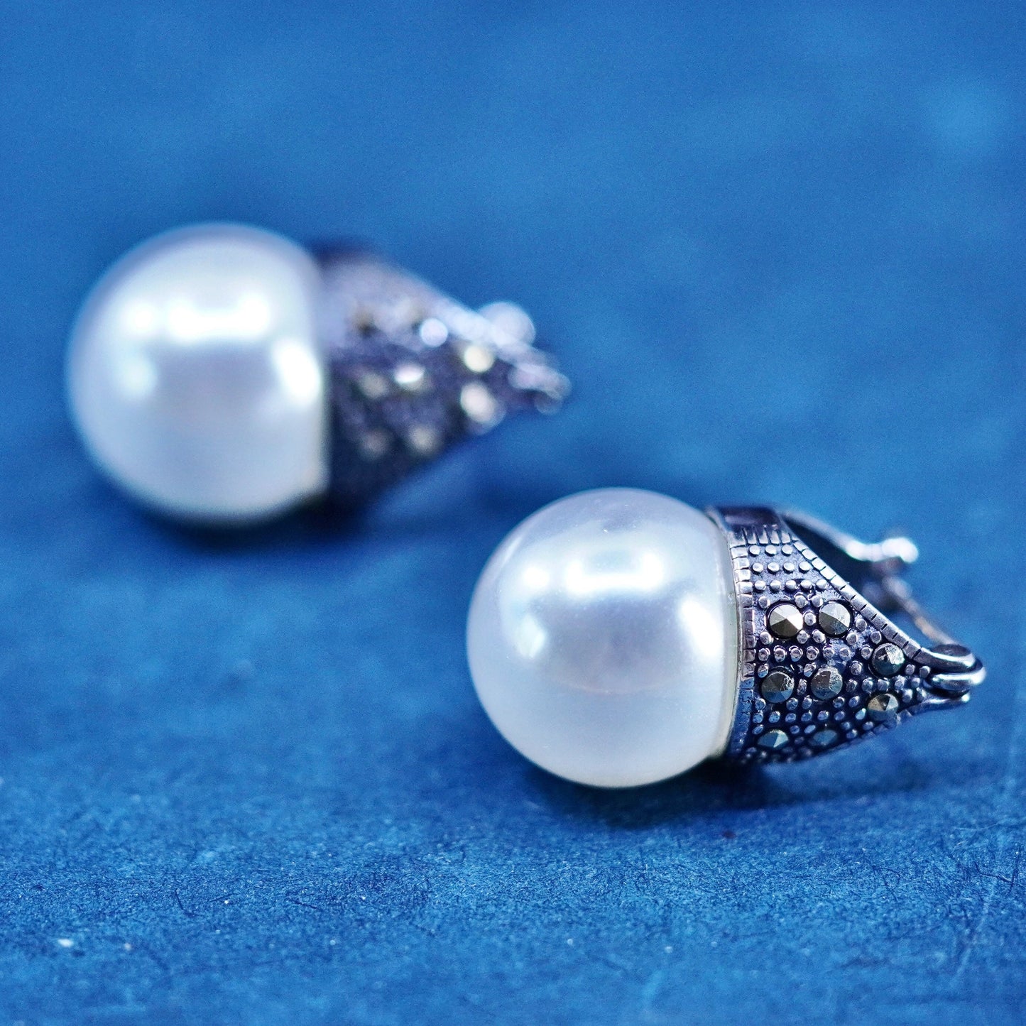 Sterling silver handmade earrings, 925 hooks, huggie w/ faux pearl and crystal