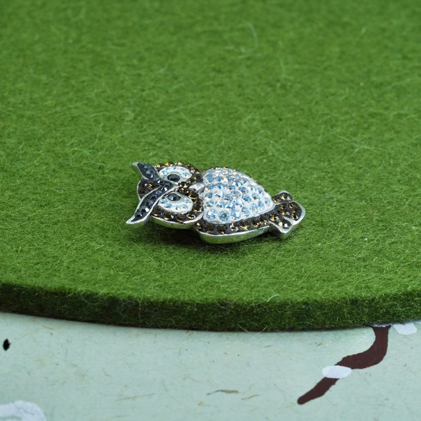 Vintage Sterling silver handmade pendant, 925 owl with cluster crystal