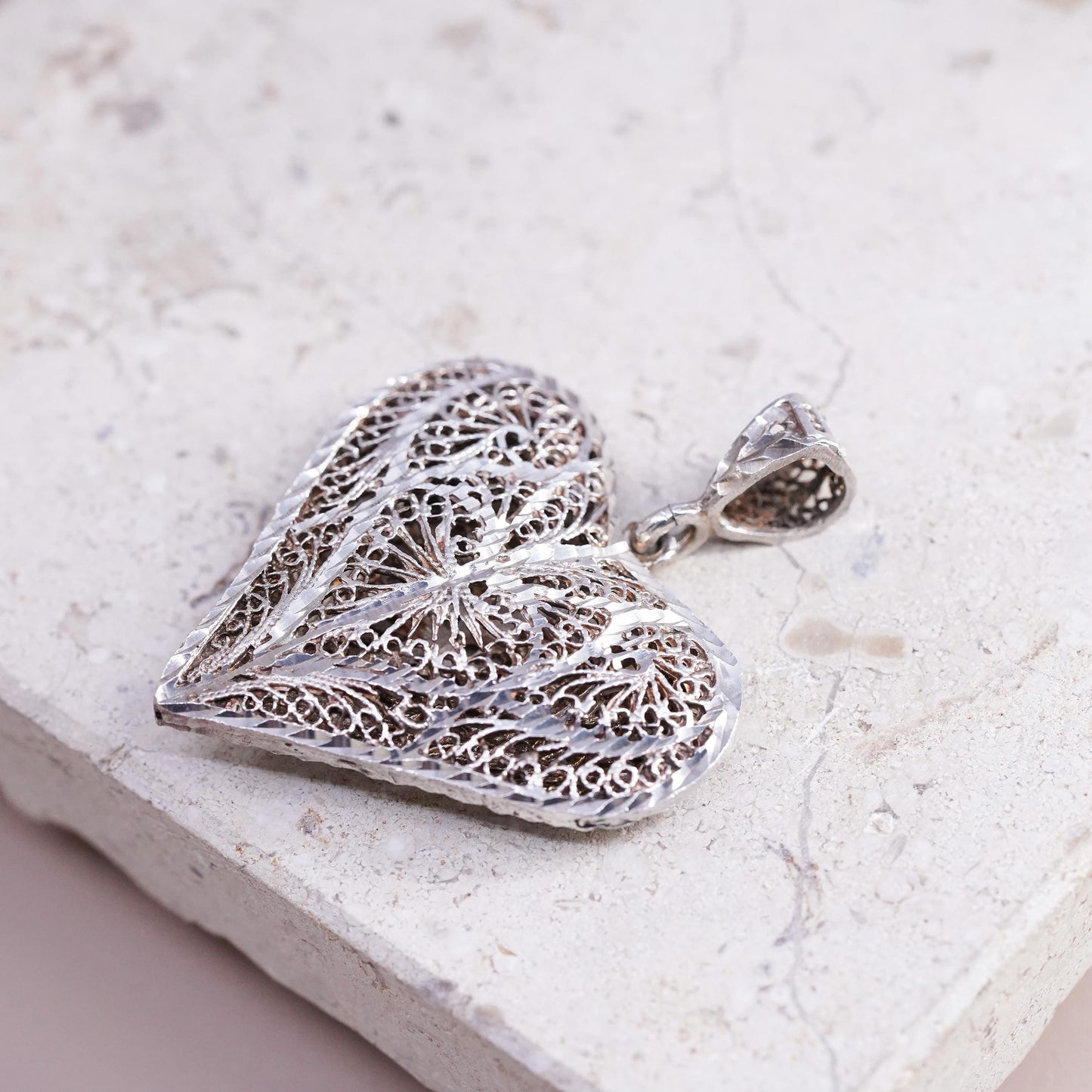 Vintage Sterling silver handmade pendant, 925 puffy filigree heart