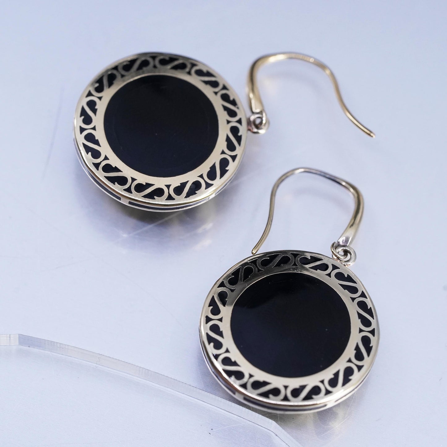 Vintage gold plated Sterling 925 silver circle spiral earrings black enamel