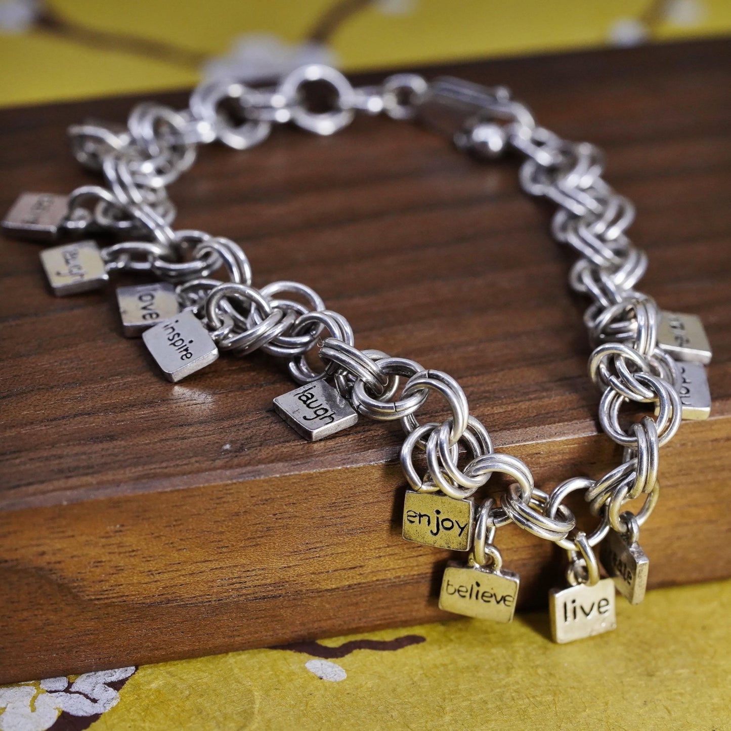 7.25" 925 Sterling Silver Charm Bracelet, Believe Live Laugh Love Quote Chain