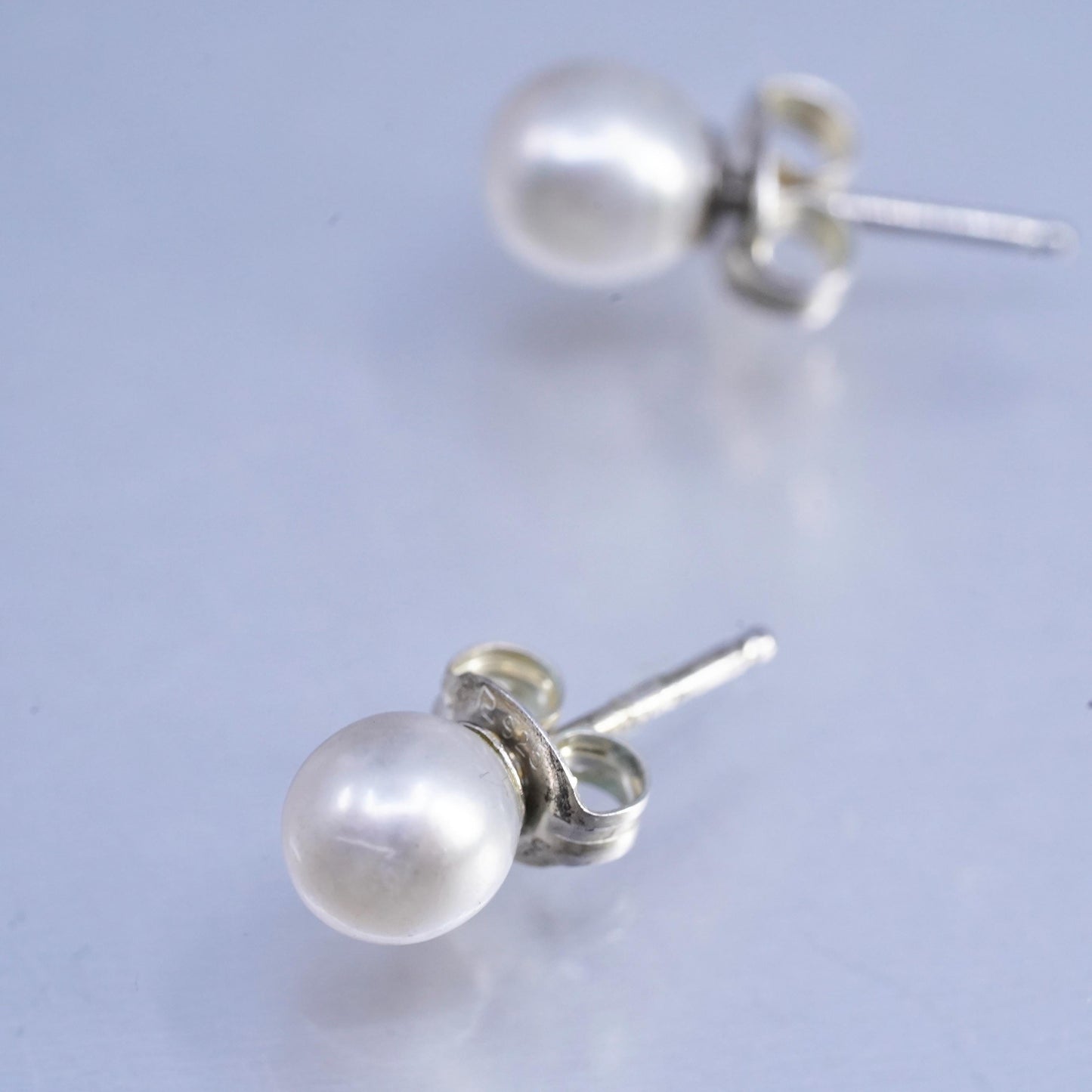 5mm, Vintage Sterling 925 silver handmade earrings, studs with pearl
