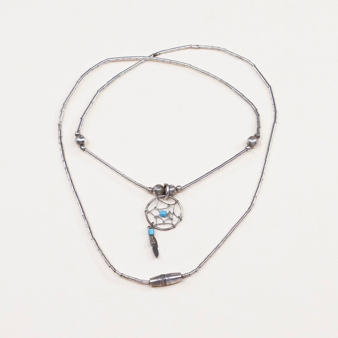 16", Vintage Native American Navajo Sterling silver handmade necklace, solid 925 silver liquid silver chain with turquoise feather pendant,