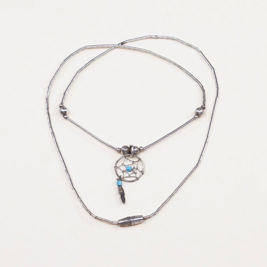 16", Vintage Native American Navajo Sterling silver handmade necklace, solid 925 silver liquid silver chain with turquoise feather pendant,