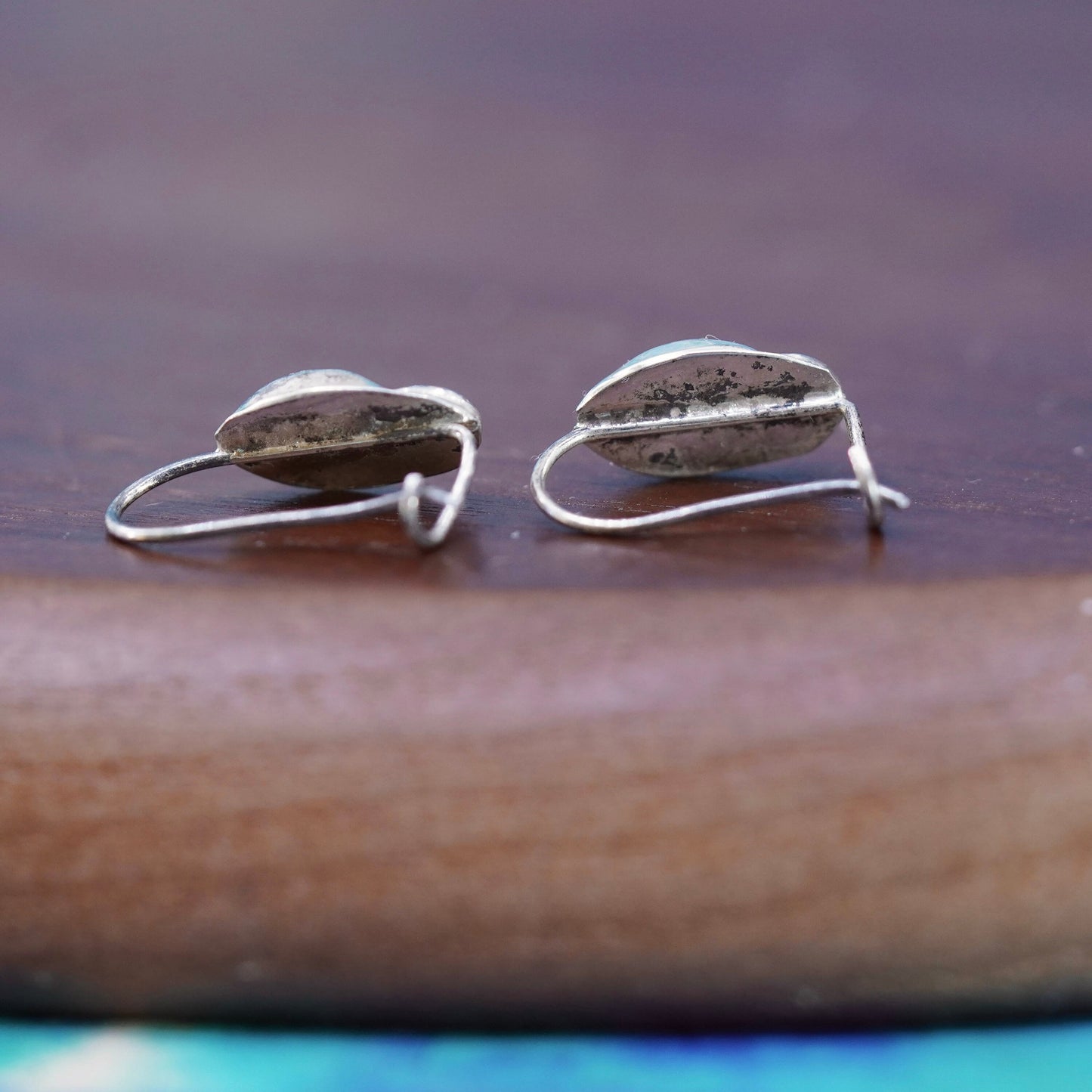 Vintage Sterling silver handmade earrings, l 925 leafy drop with turquoise
