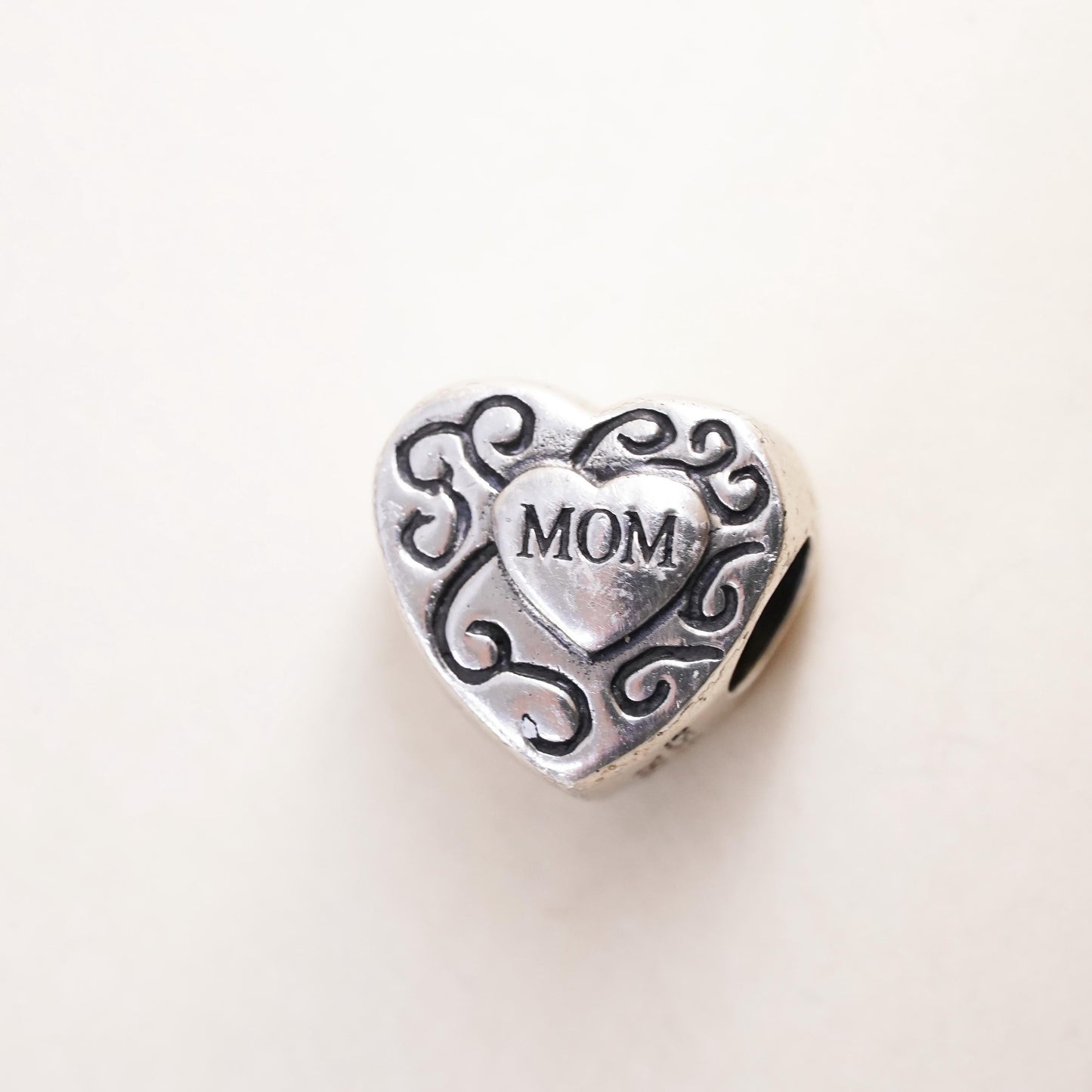 Vintage Sterling silver handmade bead charm, 925 heart pendant embossed mom