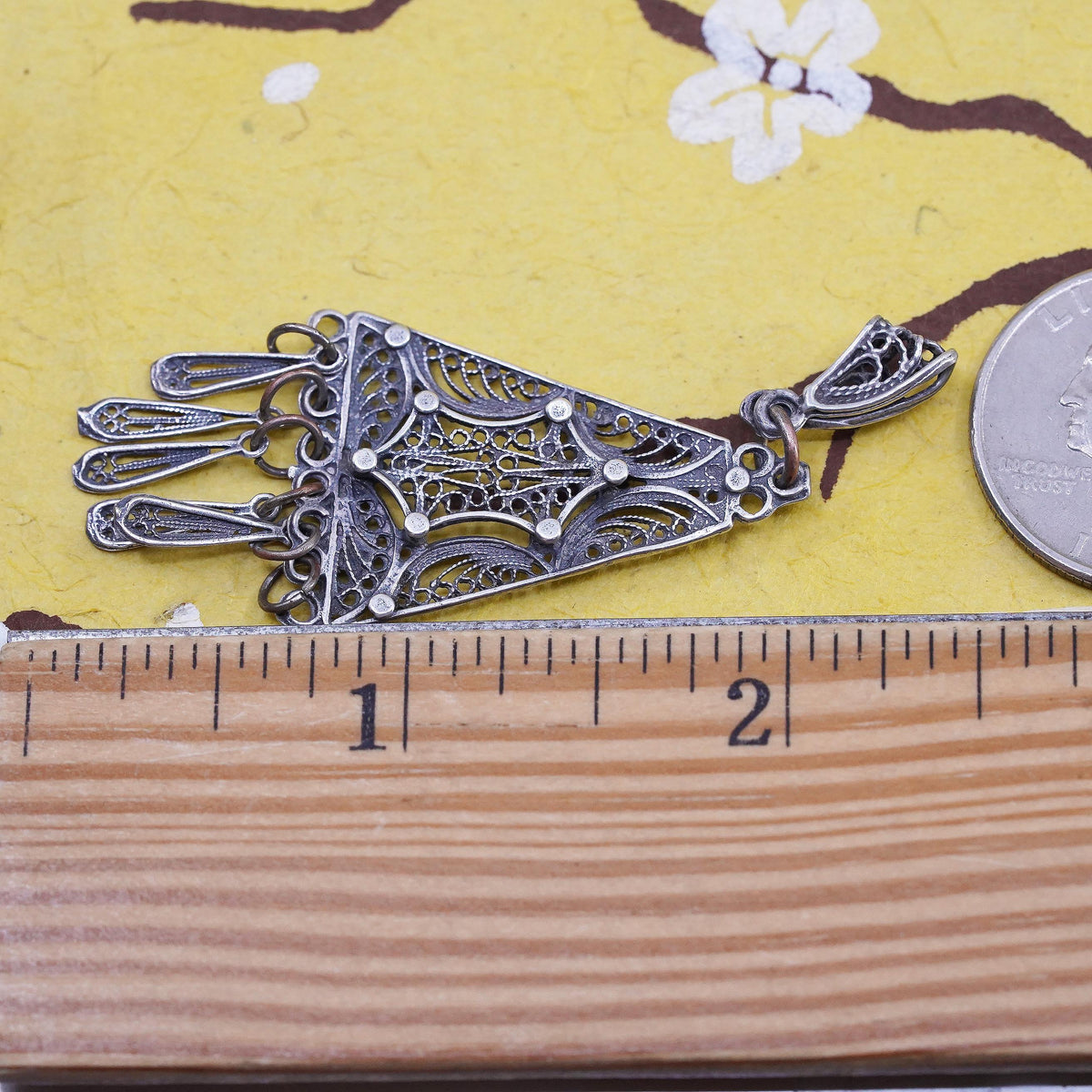 Vintage Sterling 925 silver handmade filigree pendant with fringe dangles