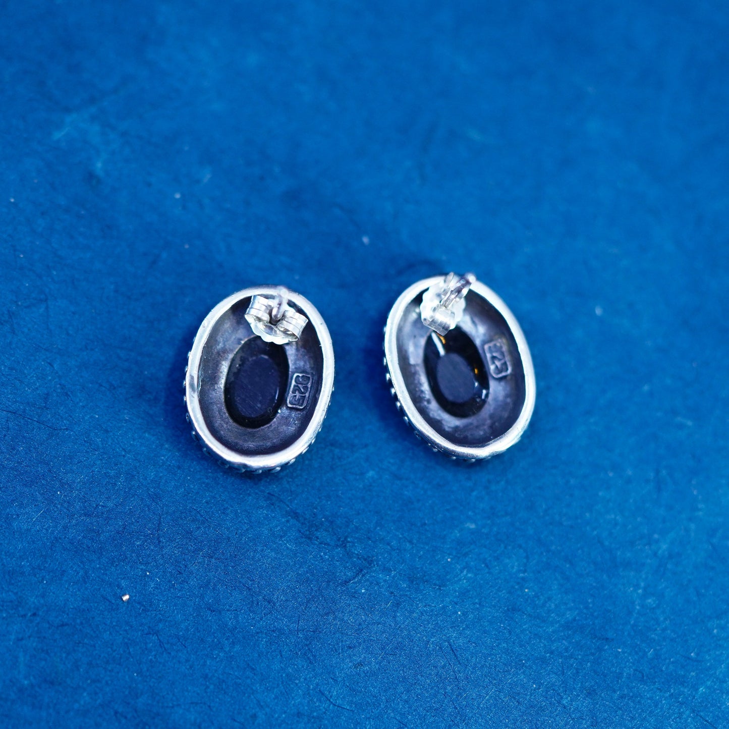 Vintage Sterling silver earrings, 925 oval studs with onyx