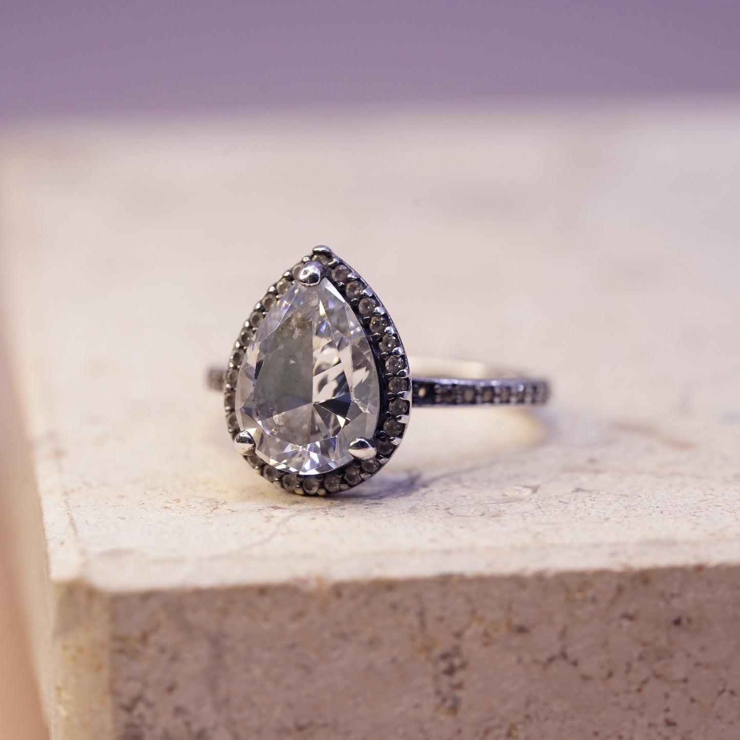 Size 5, vintage ALE sterling 925 silver engagement ring with teardrop cz