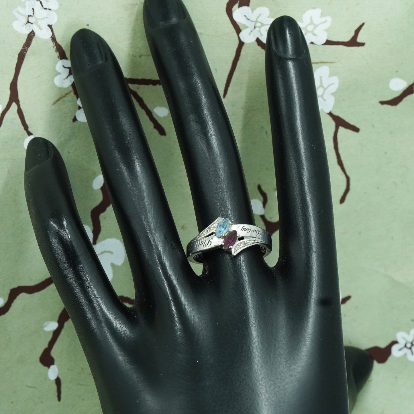 Size 8.25, Sterling 925 silver ring w/ ruby blue topaz engraved forever always