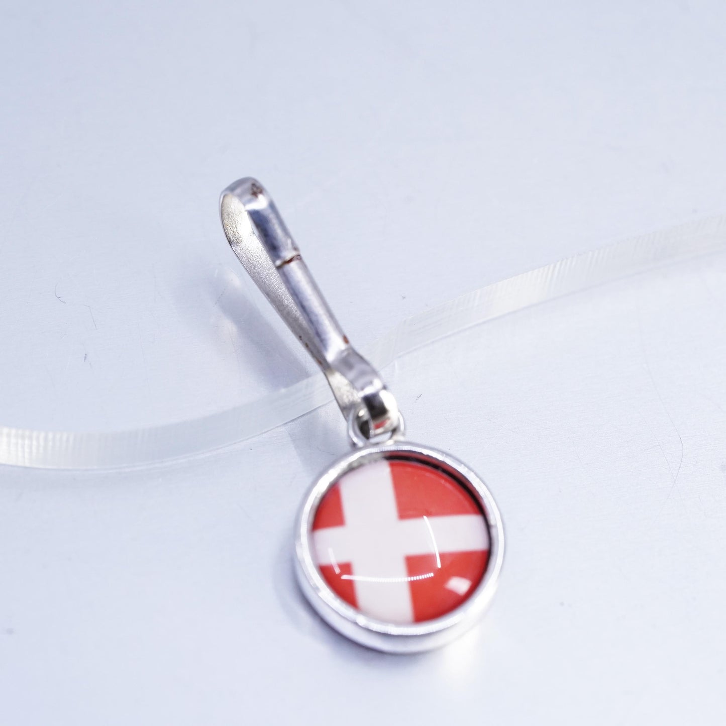 Denmark Flag silver tone Charm, Red Enamel Danish Flag Pendant, Scandinavian