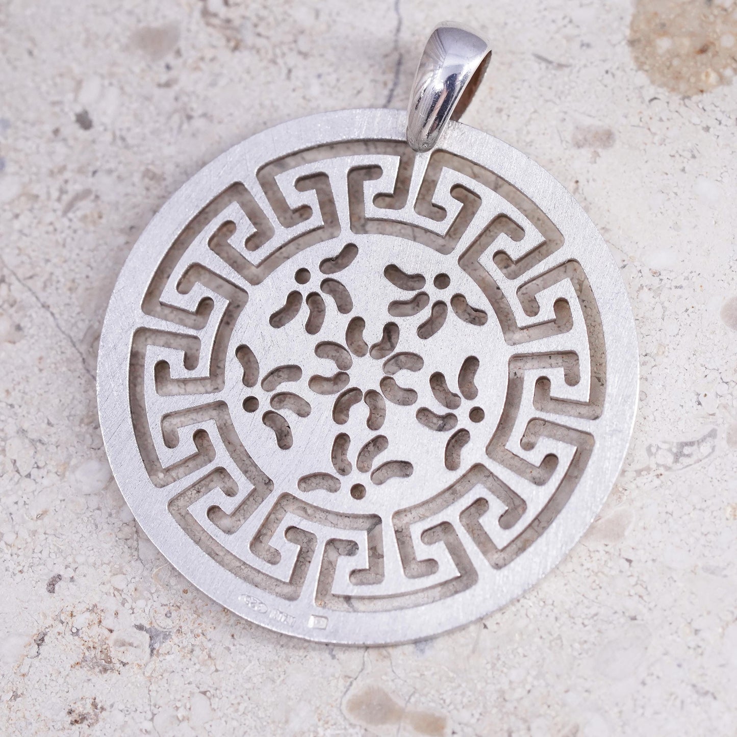 Vintage Italian M Sterling silver handmade pendant, 925 Greek key floral circle