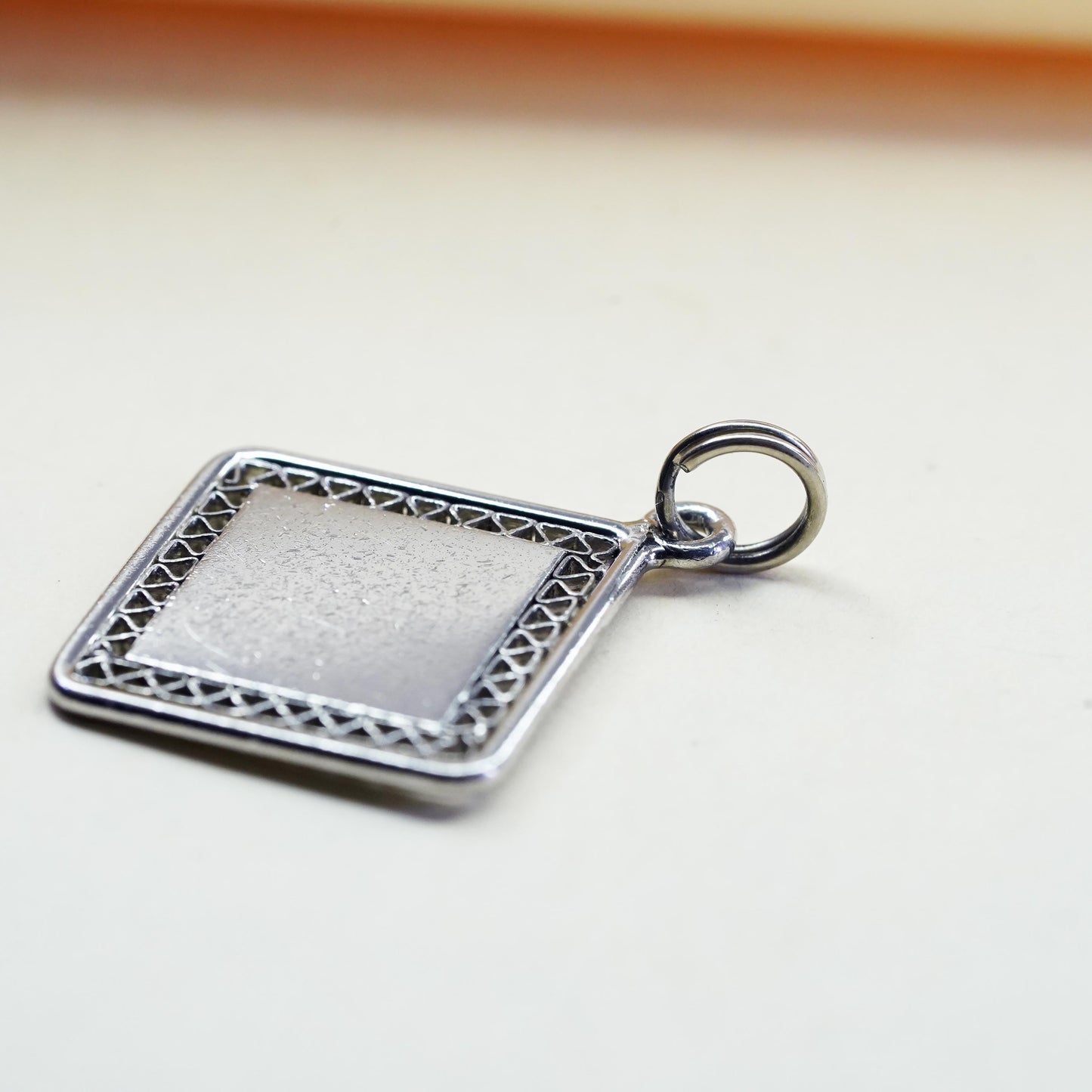 Vintage sterling silver charm, 925 filigree silver blank square tag