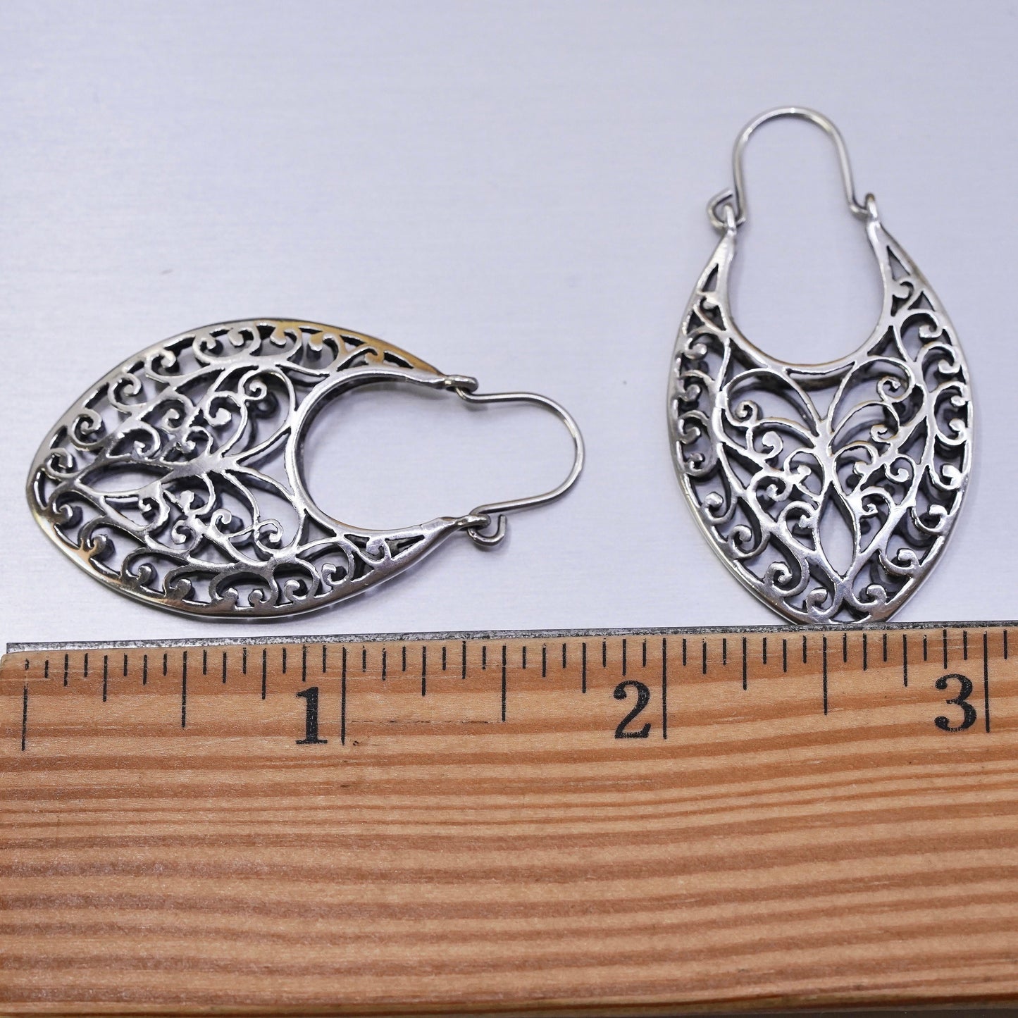 1.75", VTG Sterling silver filigree earrings, 925 handmade oval huggie hoops