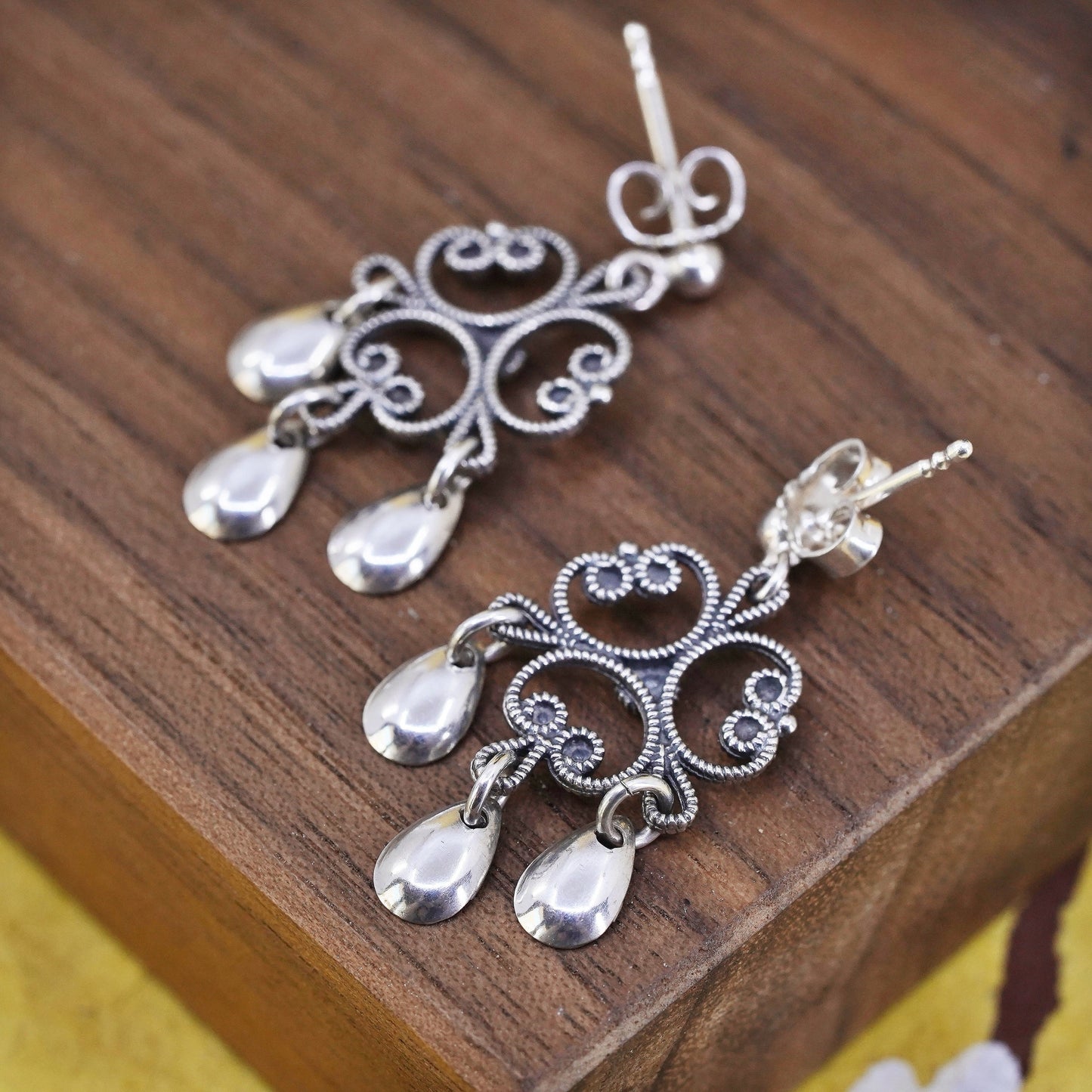 vintage sterling 925 silver handmade filigree earrings with teardrop dangles