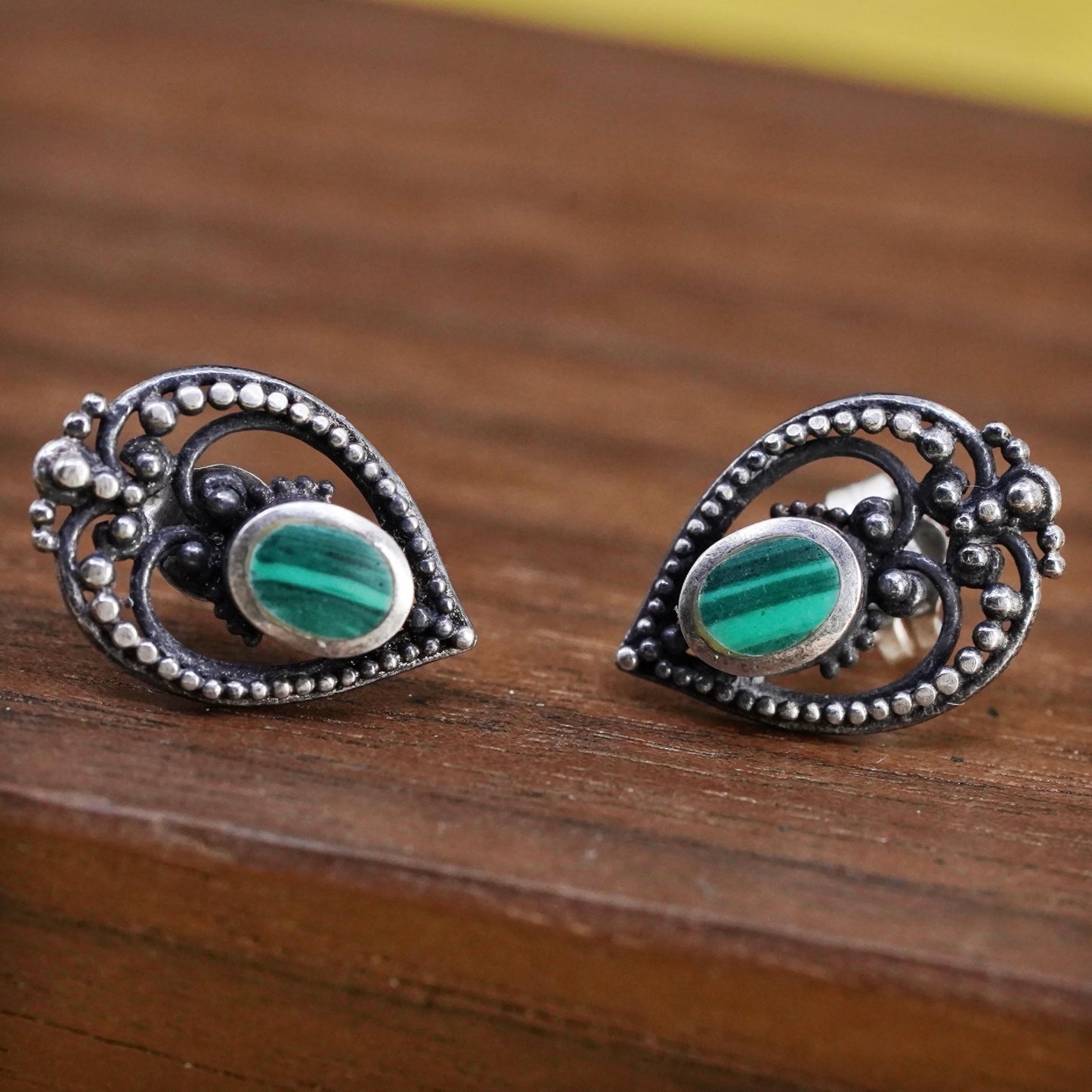 Vintage Sterling silver handmade earrings, 925 teardrop studs malachite inlay.