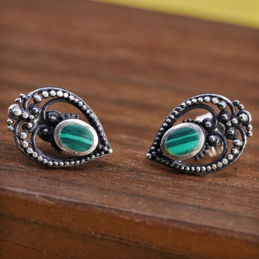 Vintage Sterling silver handmade earrings, 925 teardrop studs malachite inlay.