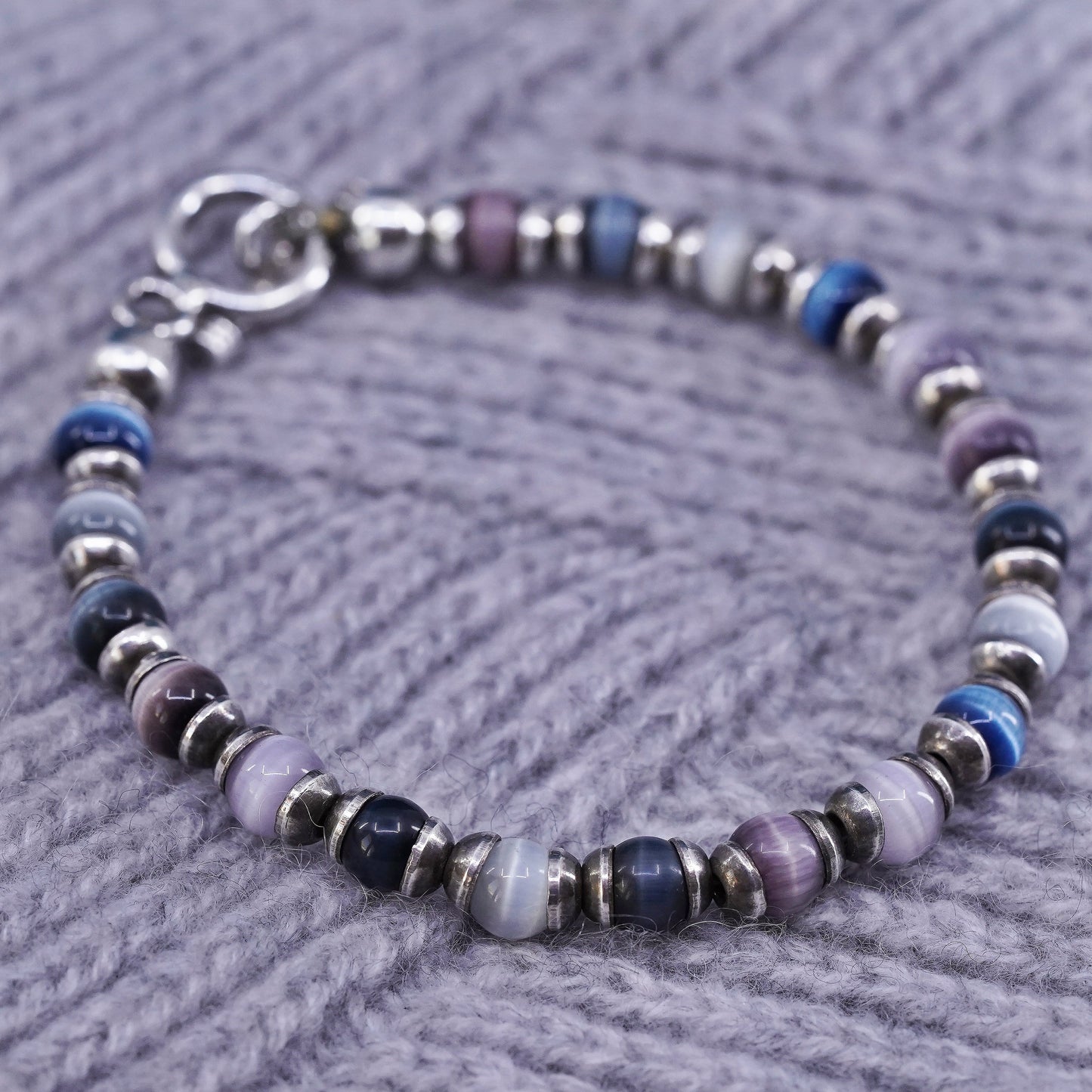 6.75”, sterling 925 silver handmade bracelet with cats eye beads toggle closure