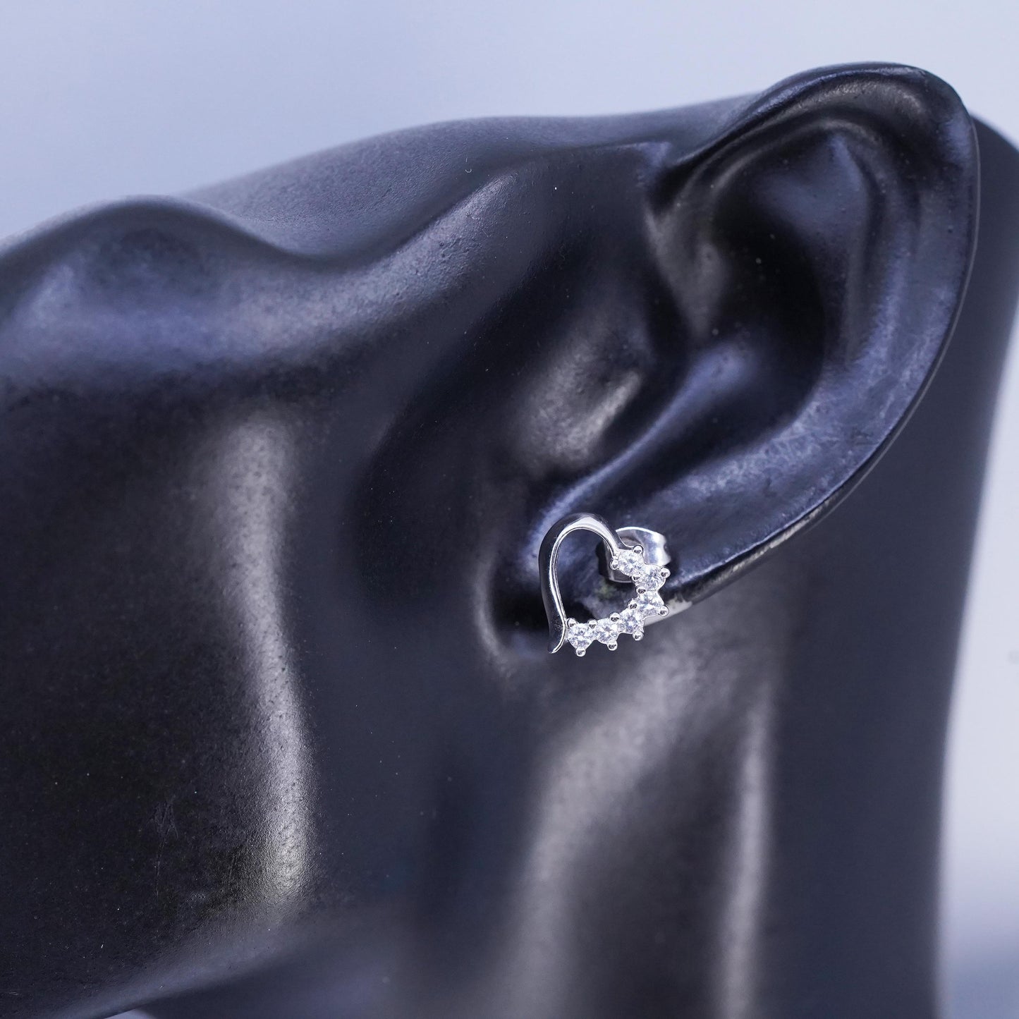 Vintage Sterling 925 silver handmade heart earrings, studs with cz